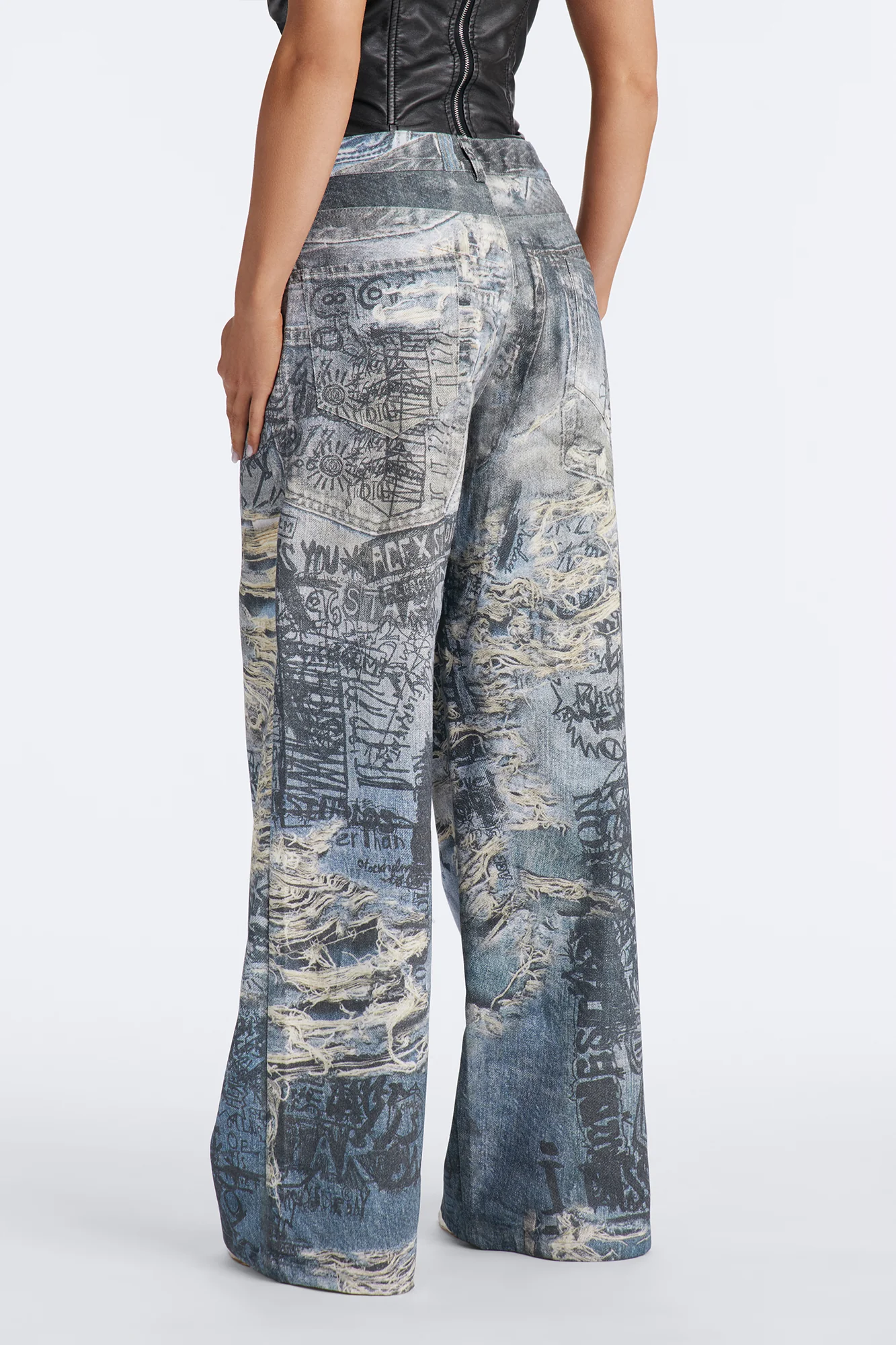 Rebel Rules Low Rise Distressed Denim Print Pant 33″ - Blue/combo - Image 4