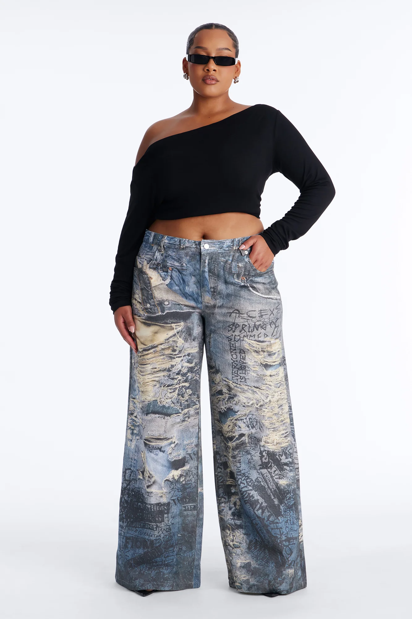 Rebel Rules Low Rise Distressed Denim Print Pant 33″ - Blue/combo - Image 5