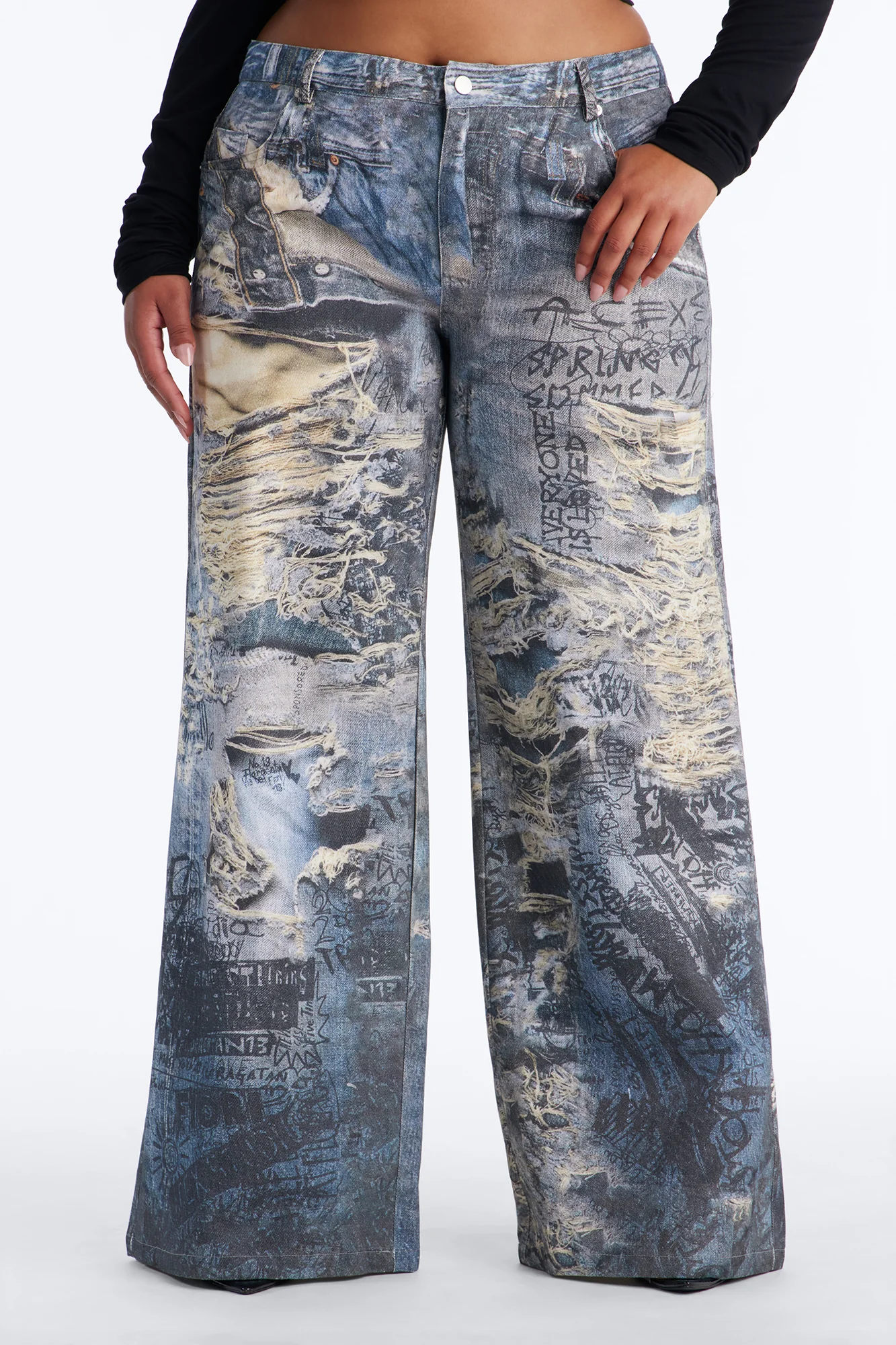 Rebel Rules Low Rise Distressed Denim Print Pant 33″ - Blue/combo - Image 6