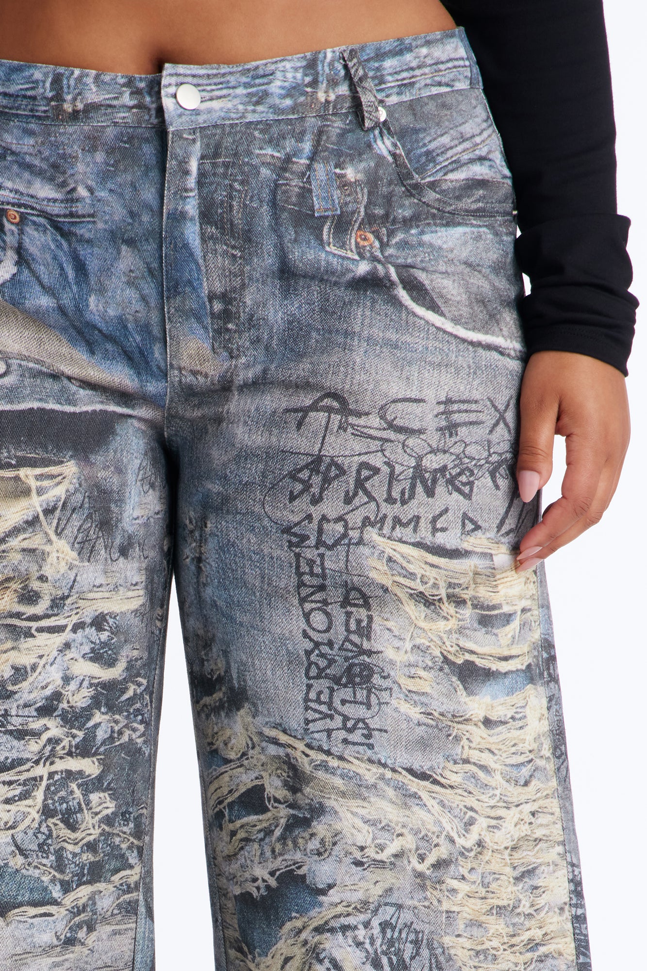 Rebel Rules Low Rise Distressed Denim Print Pant 33″ - Blue/combo - Image 7