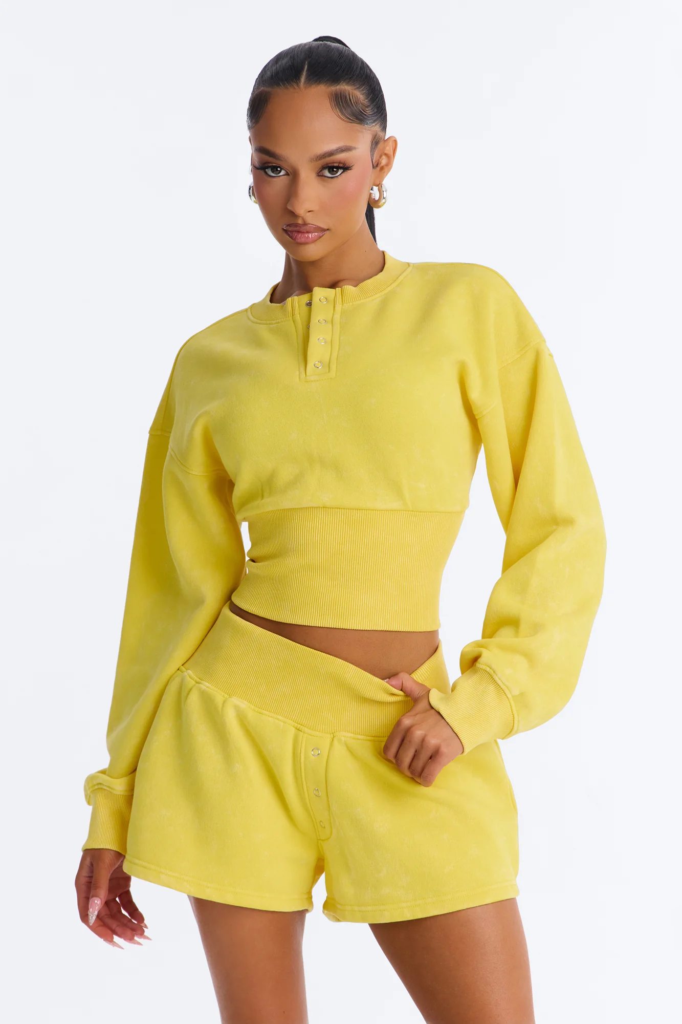 Reese Cinched Waist Fleece Short Set - Yellow
