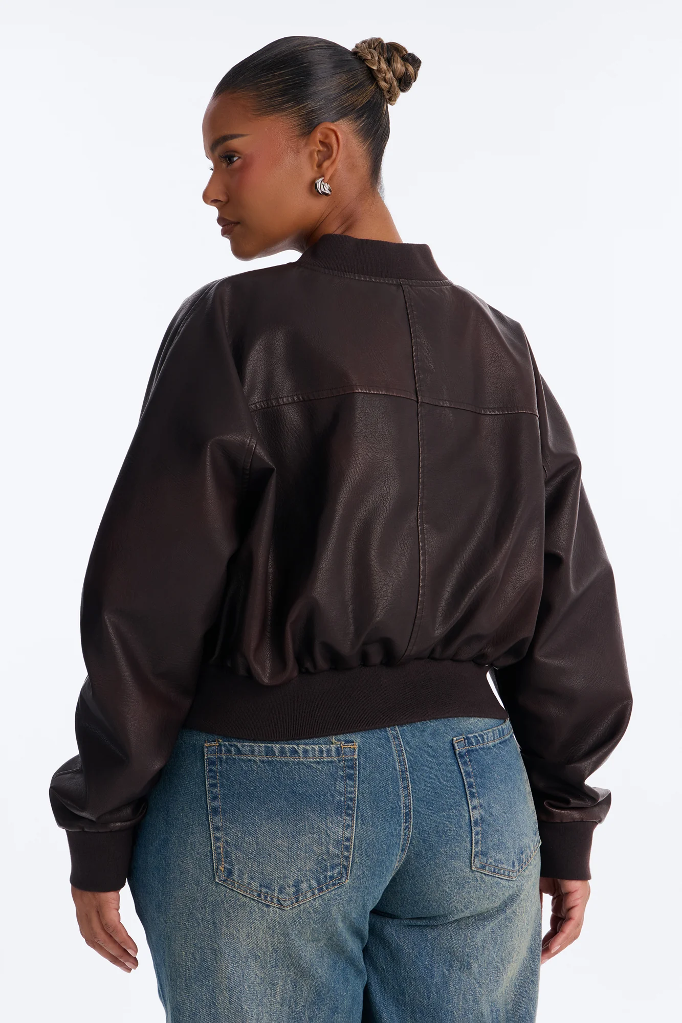 Reese Cropped Faux Leather Bomber Jacket - Chocolate - Image 11