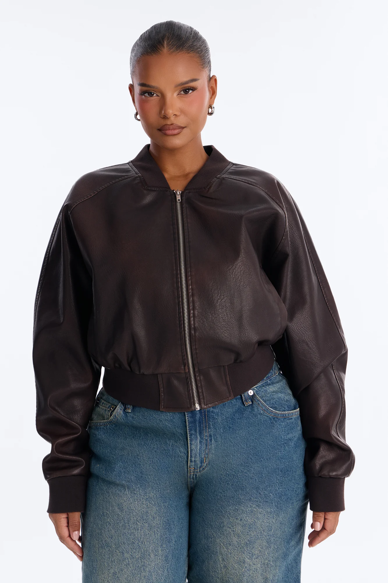 Reese Cropped Faux Leather Bomber Jacket - Chocolate - Image 8