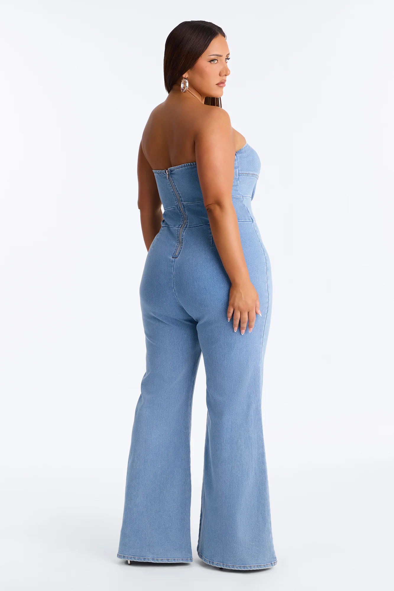 Regina Denim Plunge Neck Jumpsuit - Medium Wash - Image 8