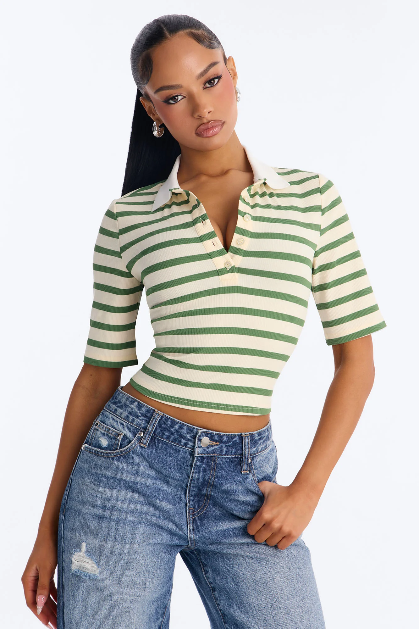 Regina Short Sleeve Polo Top - Green/combo