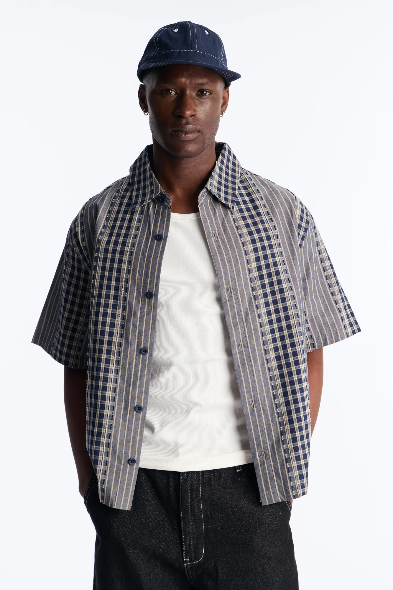 Relaxed Cropped Creekside Stripe Distressed Button Up Shirt - Navy