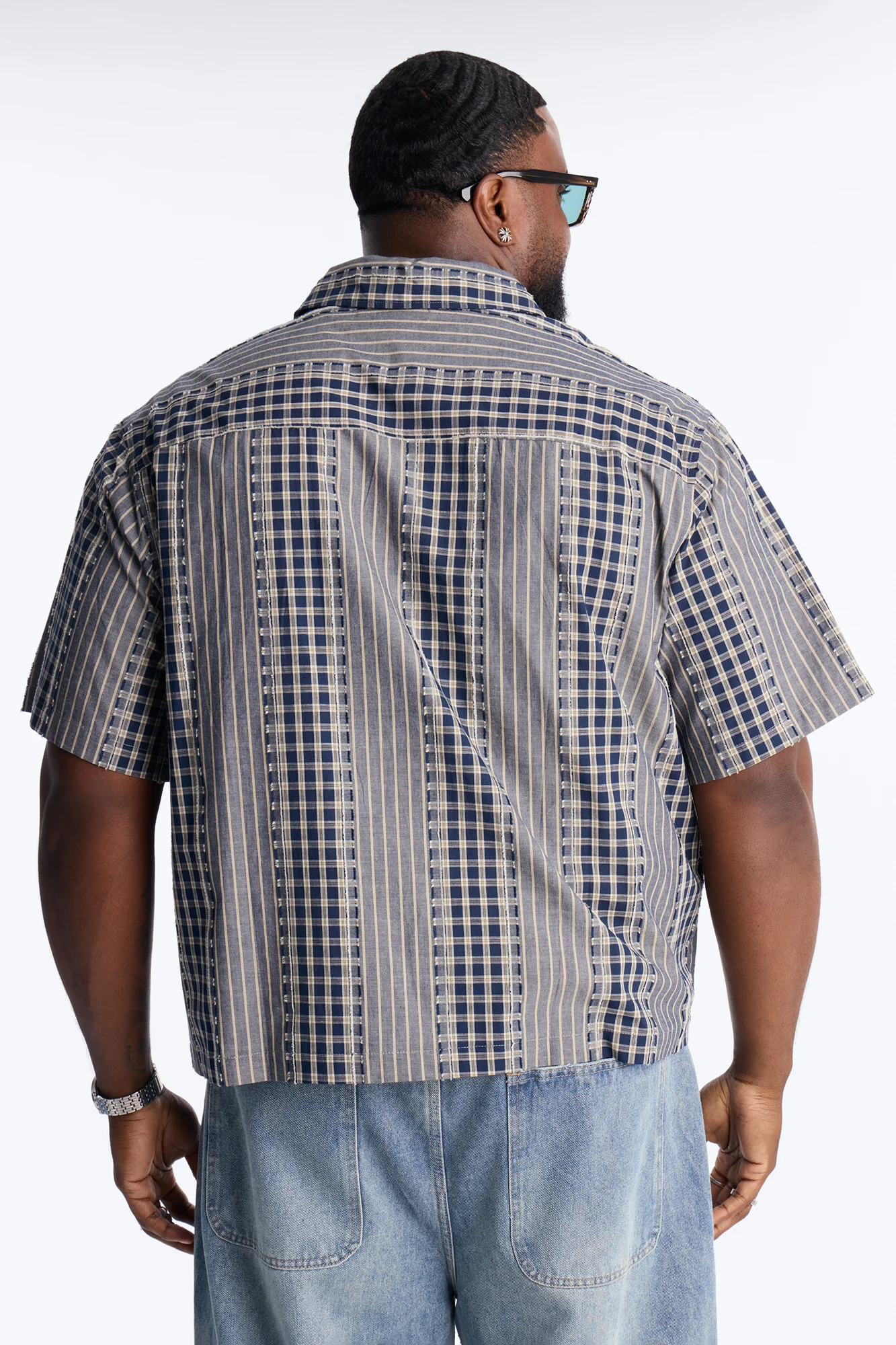 Relaxed Cropped Creekside Stripe Distressed Button Up Shirt - Navy - Image 8