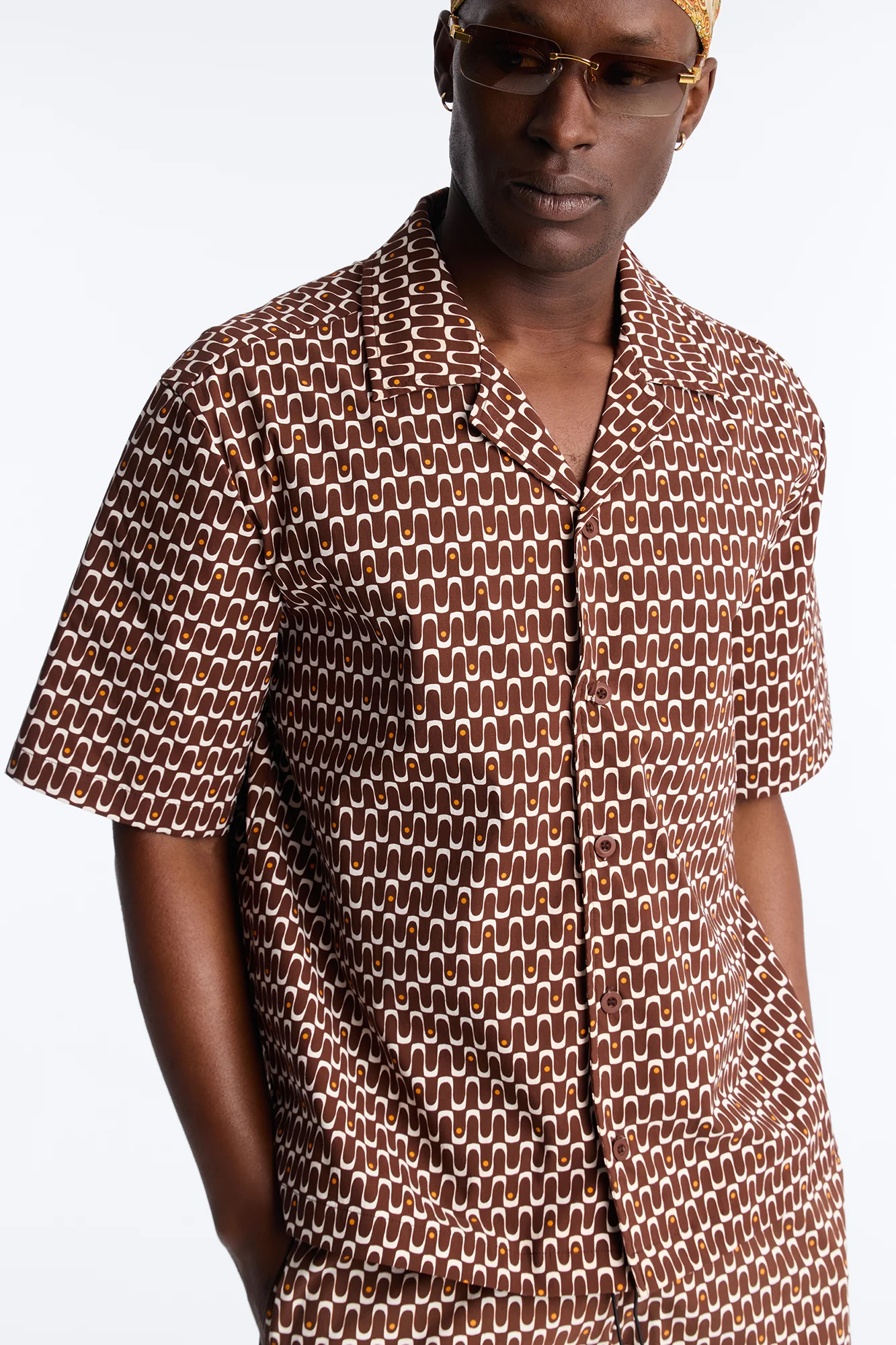 Relaxed Disco Plunge Geometric Cuban Collar Button Up Shirt - White/combo - Image 3