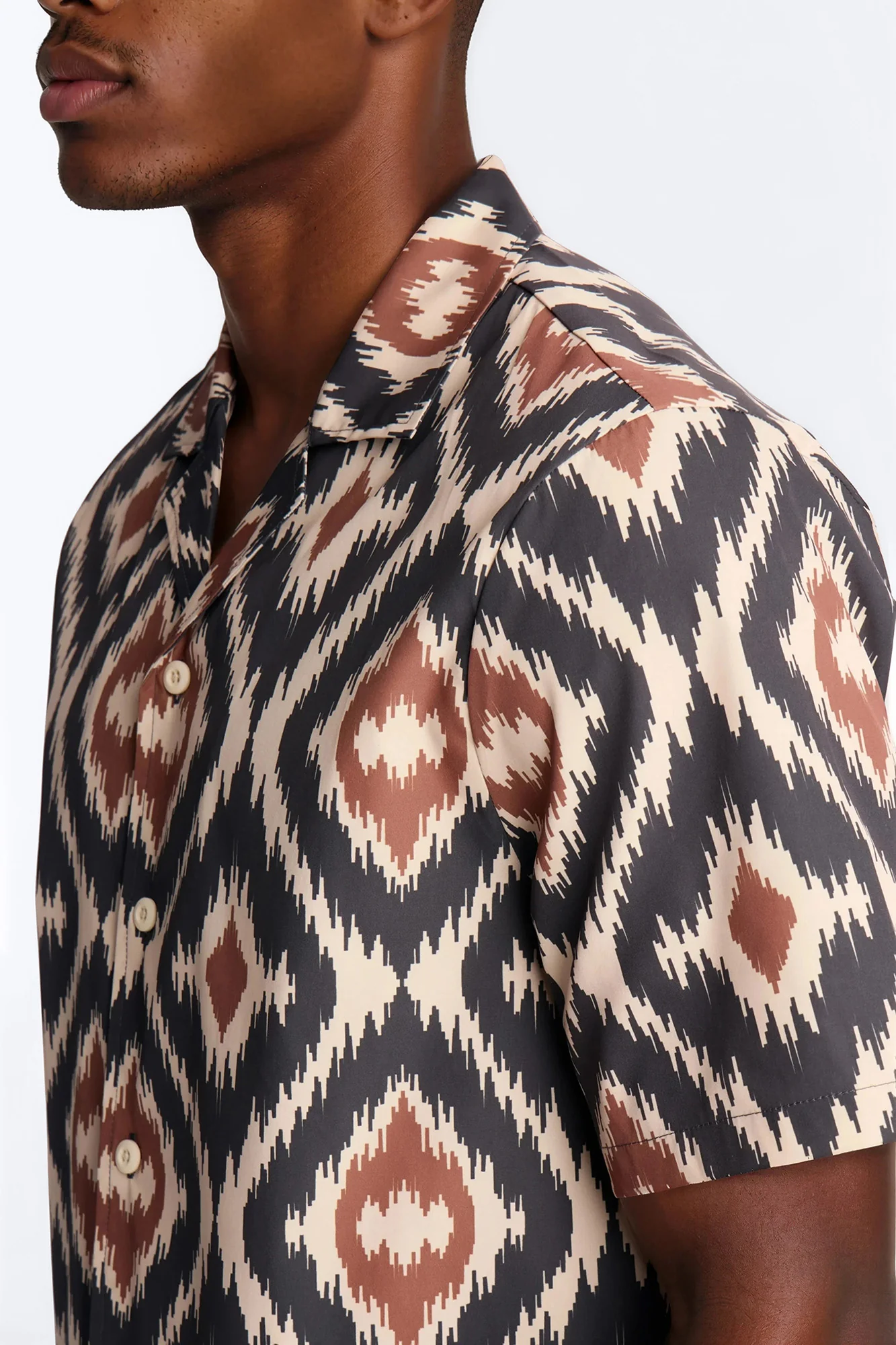 Relaxed Geometric Sahara Cuban Collar Button Up Shirt - Black/Brown - Image 3