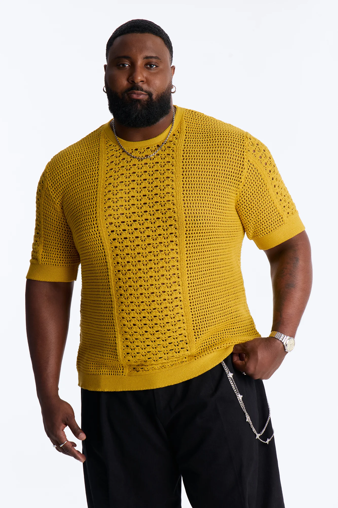 Relaxed Jonathon Crochet Crewneck Tee - Mustard - Image 6