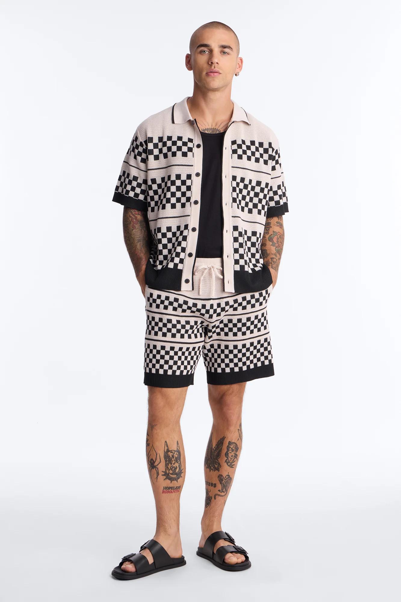 Relaxed Knitted Pawn Checker Short - Black/combo - Image 2