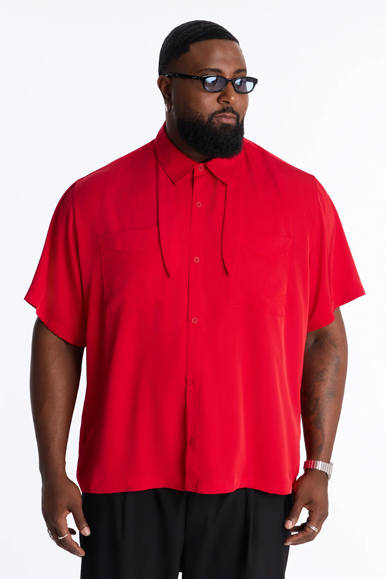 Relaxed Luxe Neckerchief Button Up Shirt - Red - Image 5