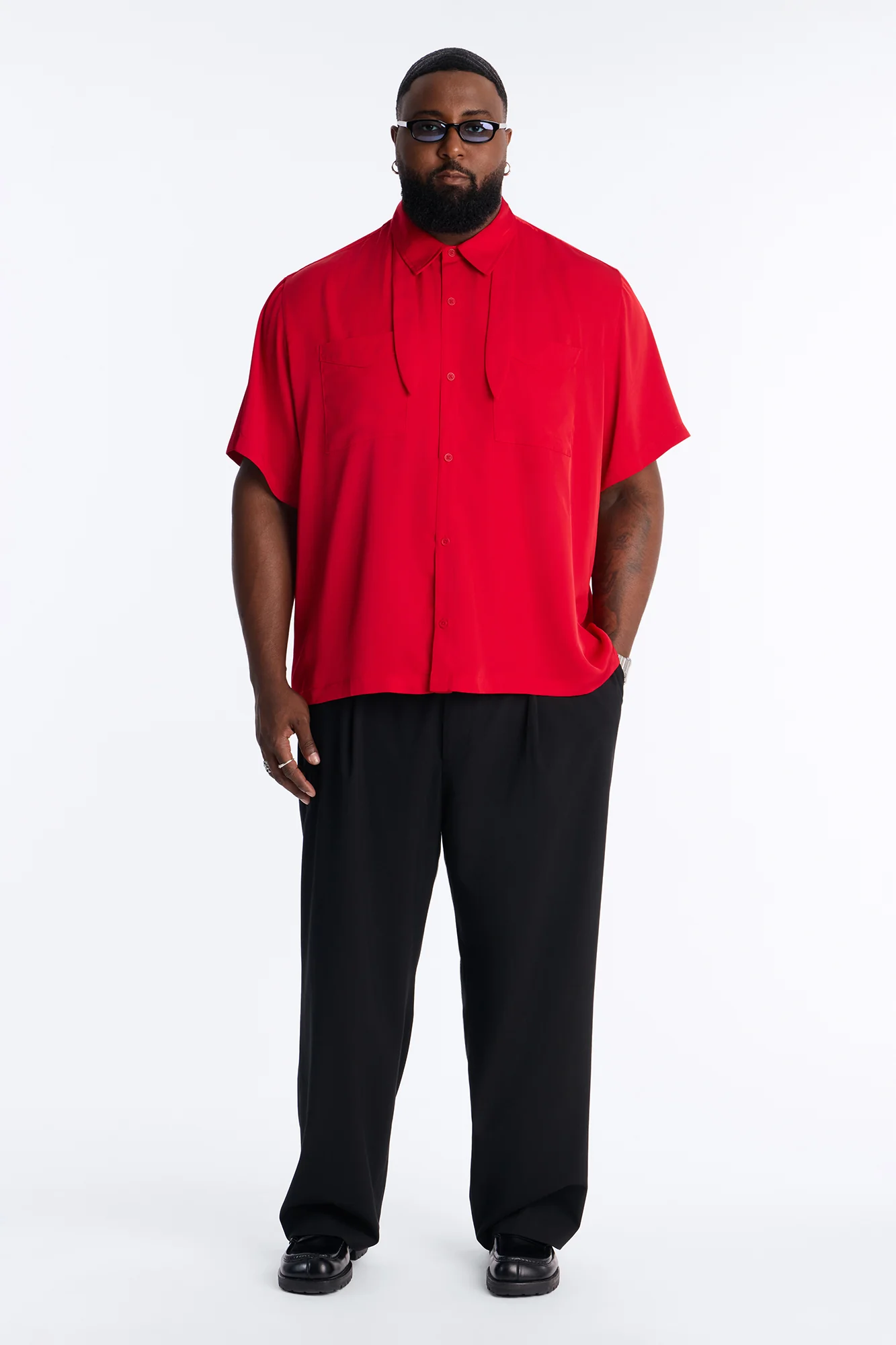 Relaxed Luxe Neckerchief Button Up Shirt - Red - Image 6