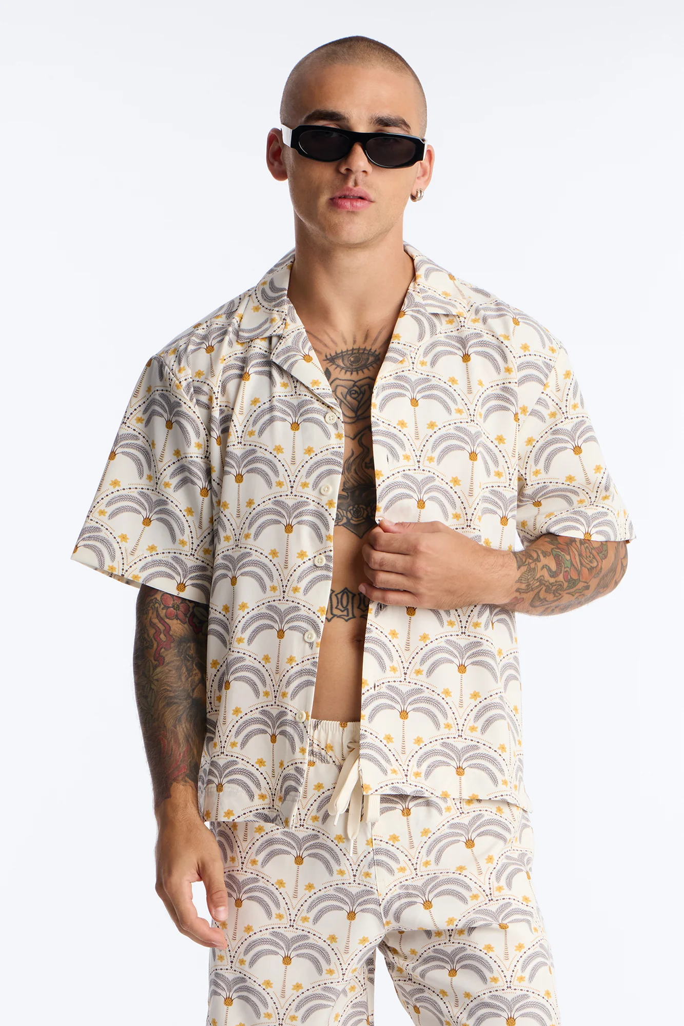 Relaxed Palm Mandala Cuban Collar Button Up Shirt - Cream/combo