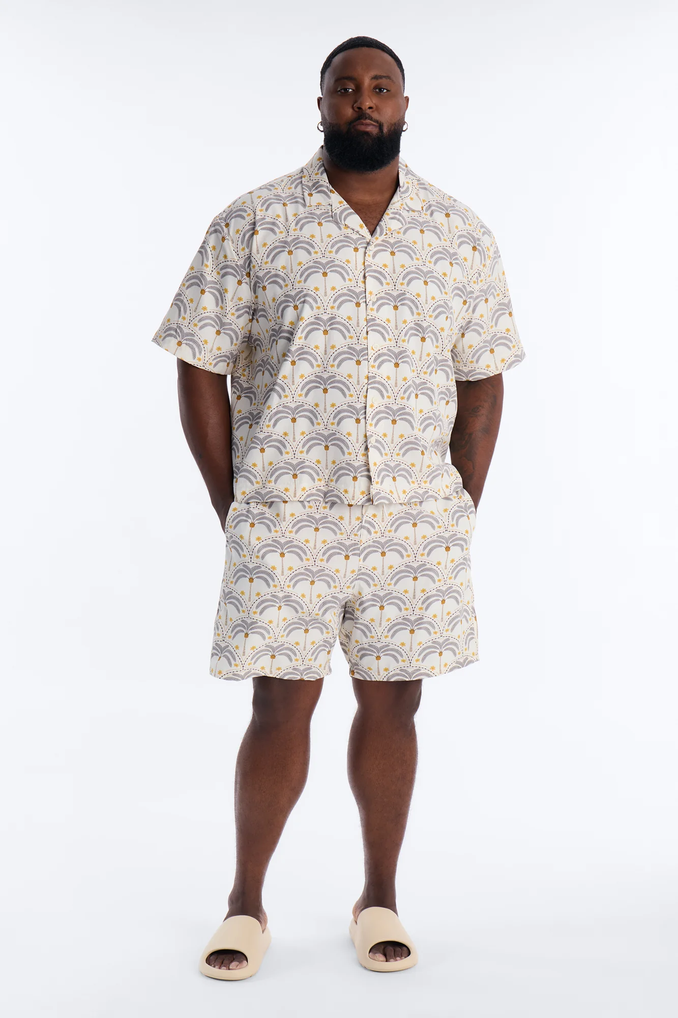 Relaxed Palm Mandala Cuban Collar Button Up Shirt - Cream/combo - Image 6