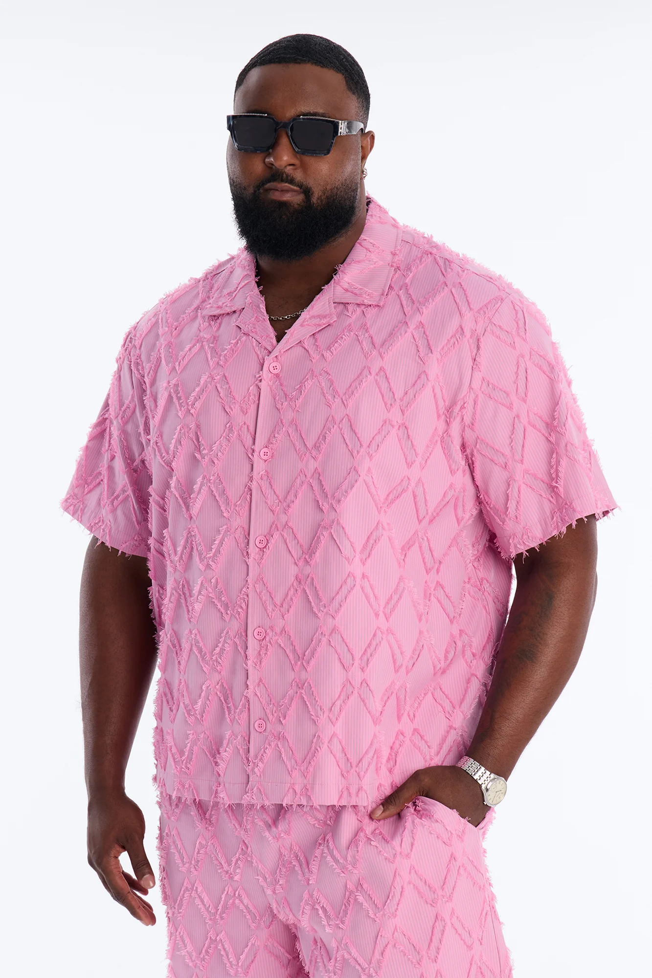 Relaxed Sahara Stripe Cuban Collar Button Up Shirt - Mauve - Image 5