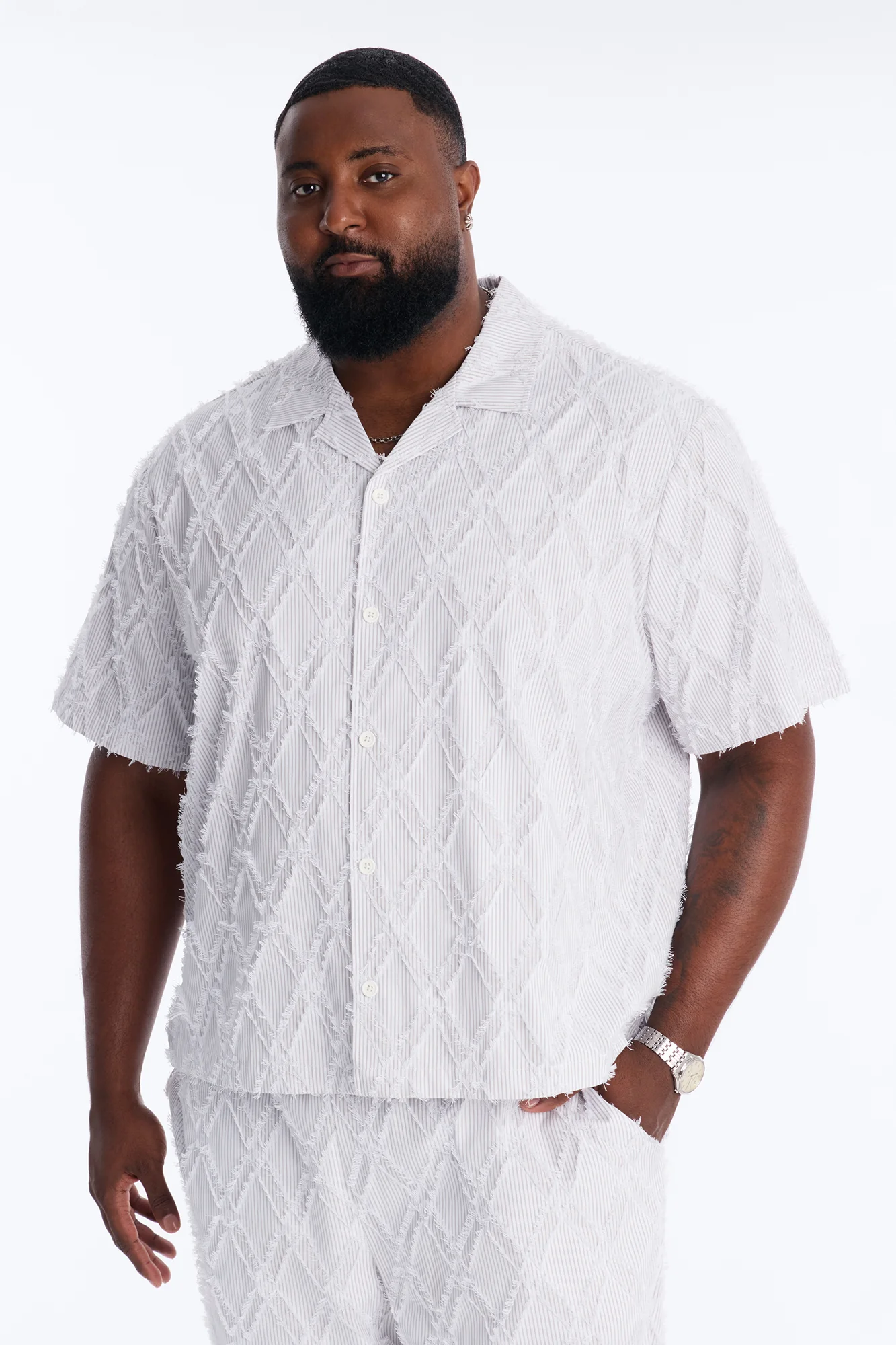 Relaxed Sahara Stripe Cuban Collar Button Up Shirt - White - Image 5