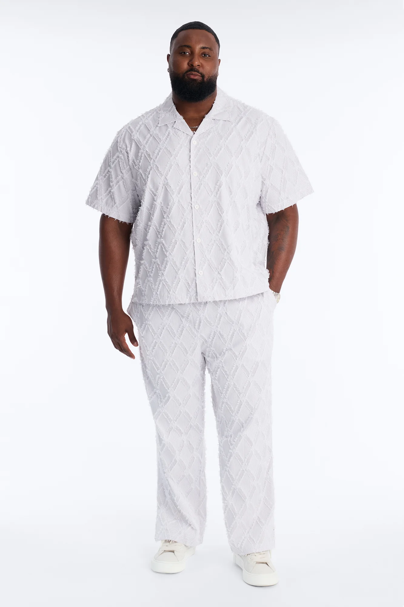 Relaxed Sahara Stripe Cuban Collar Button Up Shirt - White - Image 6