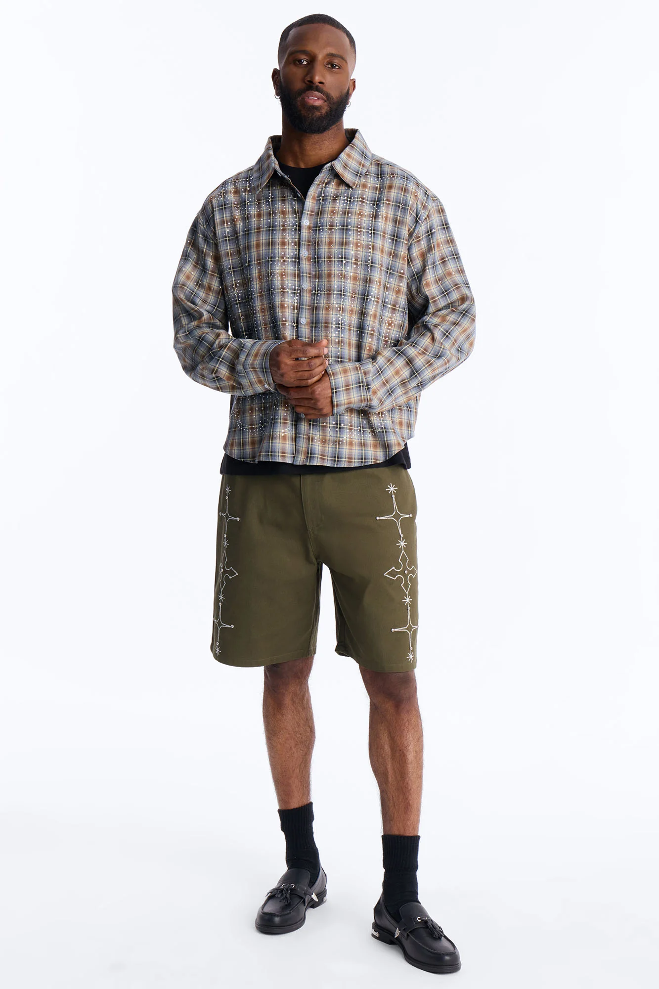 Relaxed Vatican City Stitched Embellished Short - Olive - Image 3
