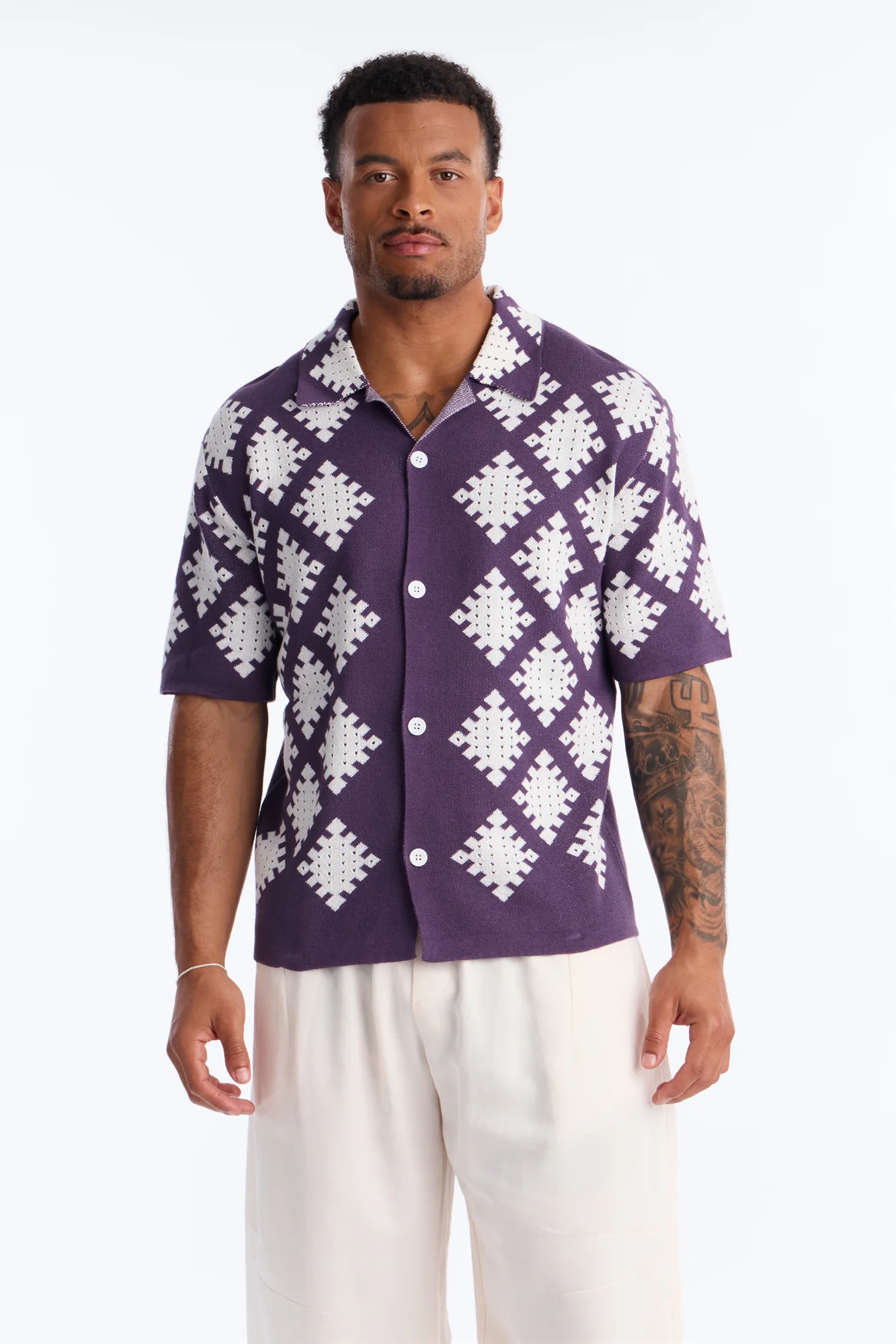 Relaxed Wave Side Crochet Cuban Collar Button Up Shirt - Purple