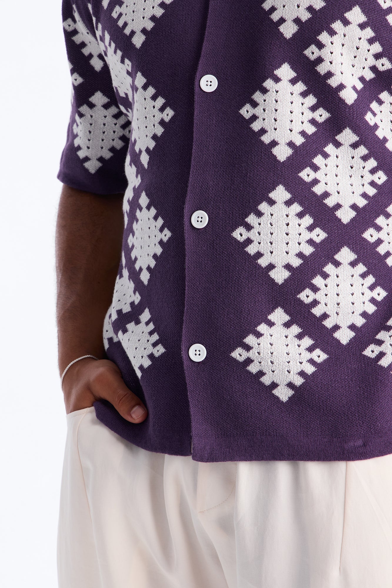 Relaxed Wave Side Crochet Cuban Collar Button Up Shirt - Purple - Image 3
