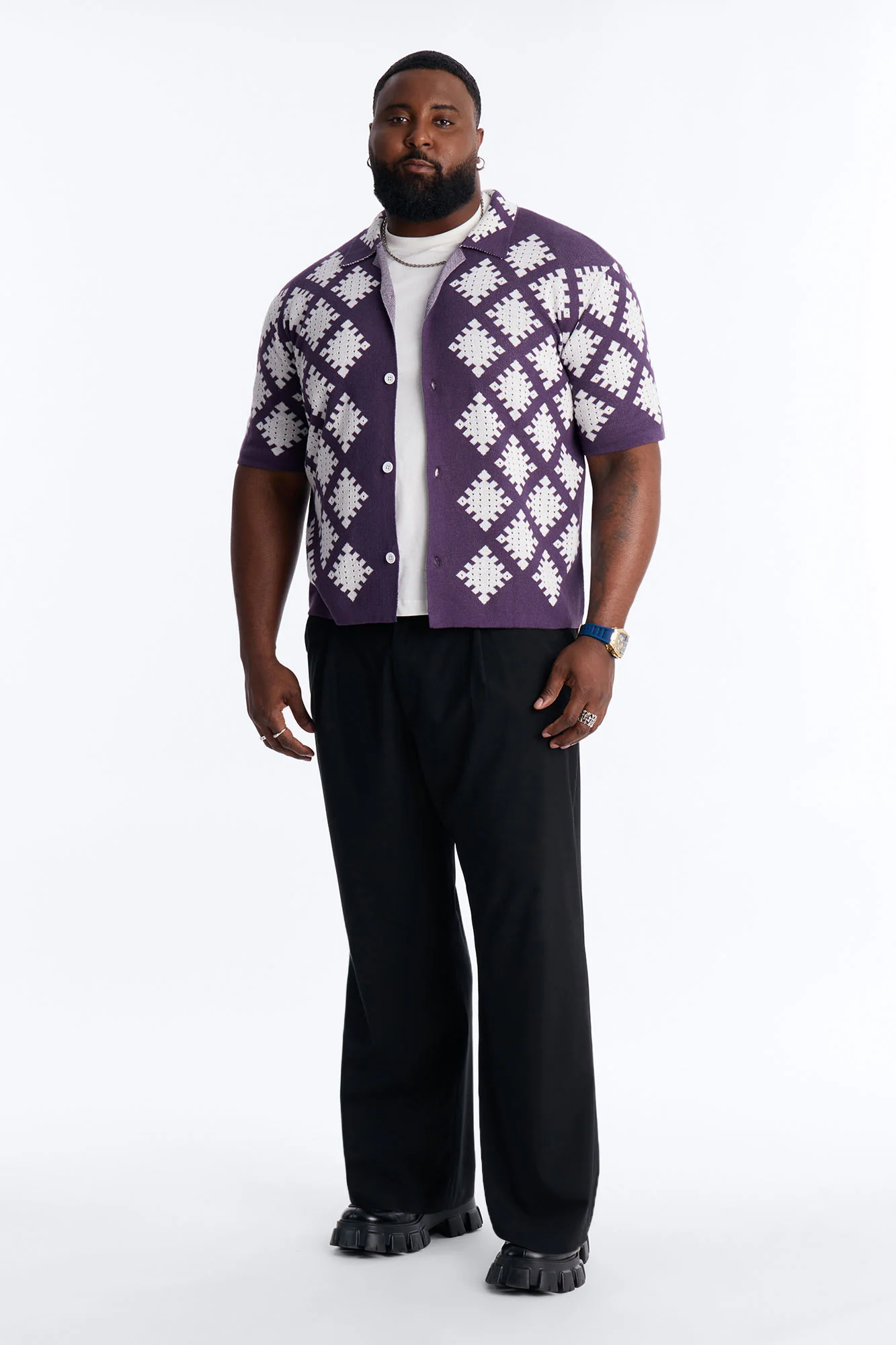 Relaxed Wave Side Crochet Cuban Collar Button Up Shirt - Purple - Image 6