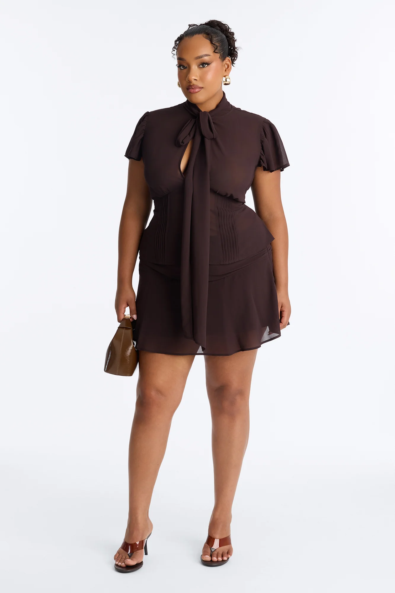 Remi Chiffon Ruched Mini Skirt - Chocolate - Image 5