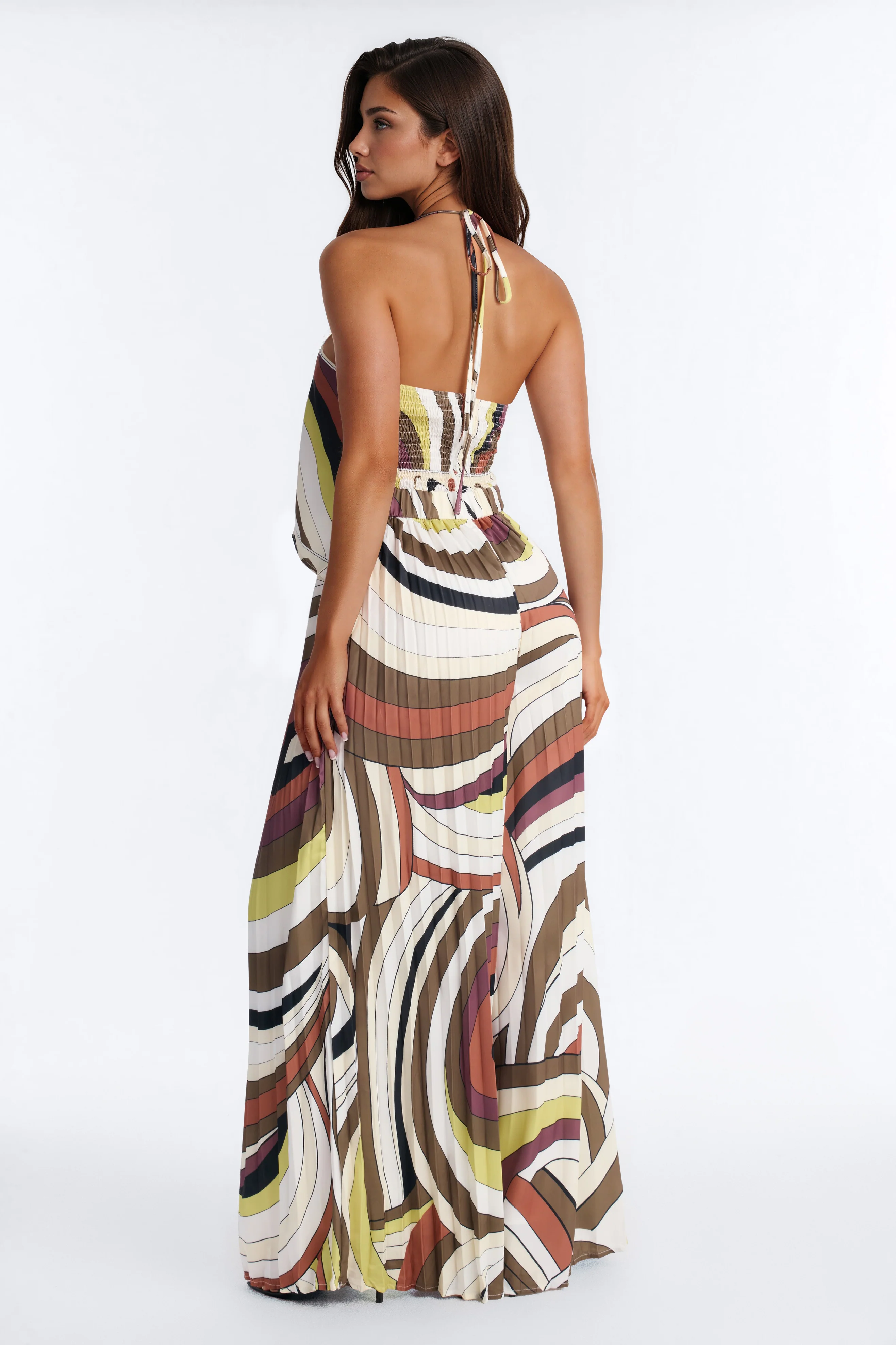 Resort Chic Pleated Wide Leg Jumpsuit - Brown - Image 4