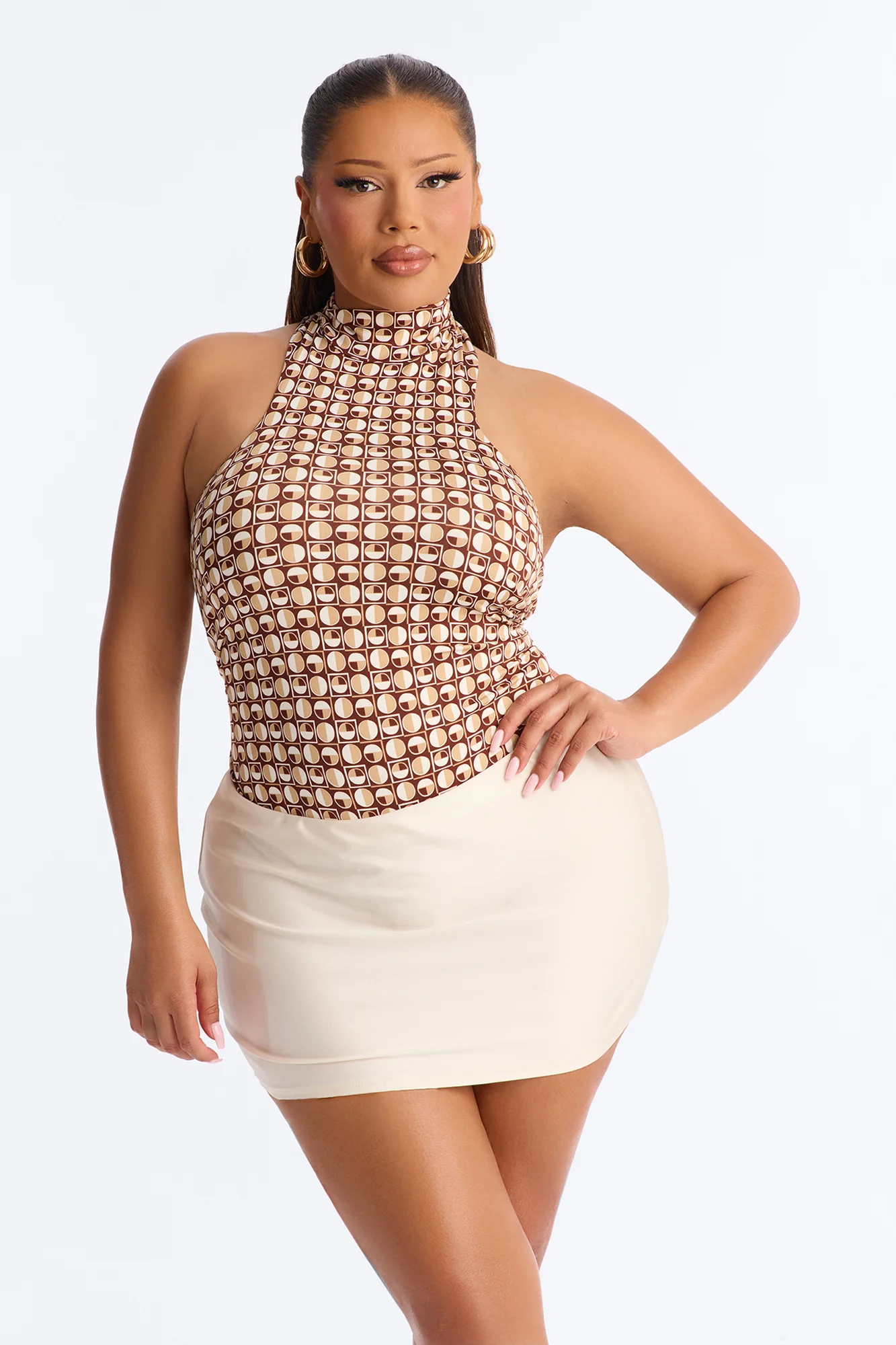 Retro Baddie Mock Neck Sleeveless Bodysuit - Brown/combo - Image 8