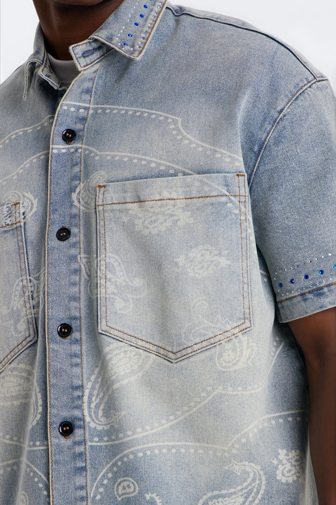Rhinestone Bandana Boxy Denim Button Up Shirt - Light Blue Wash - Image 3