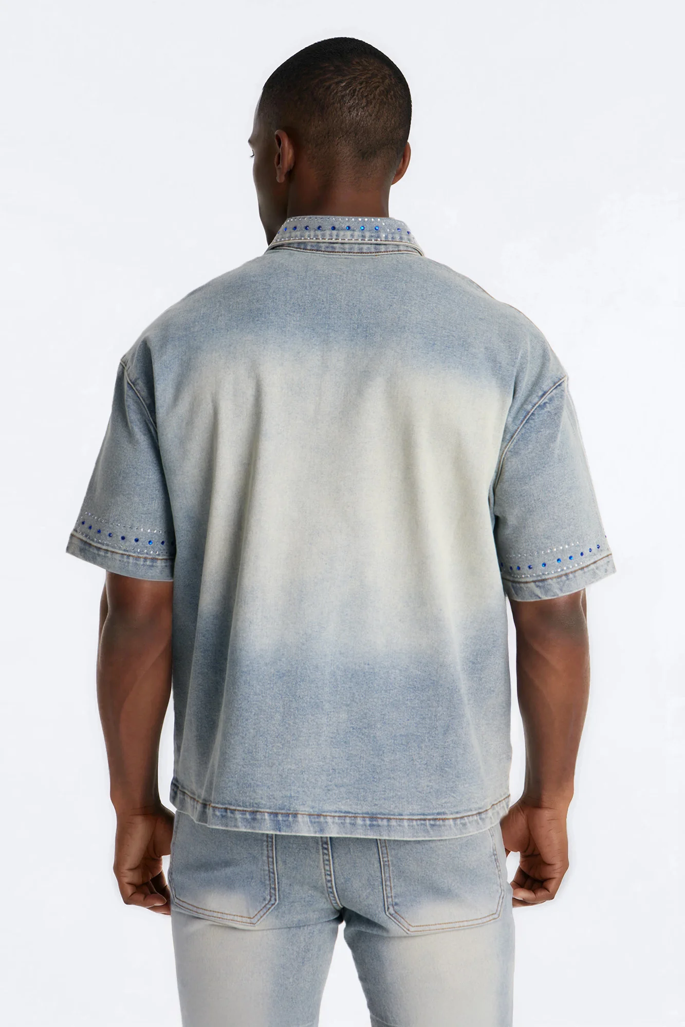 Rhinestone Bandana Boxy Denim Button Up Shirt - Light Blue Wash - Image 4