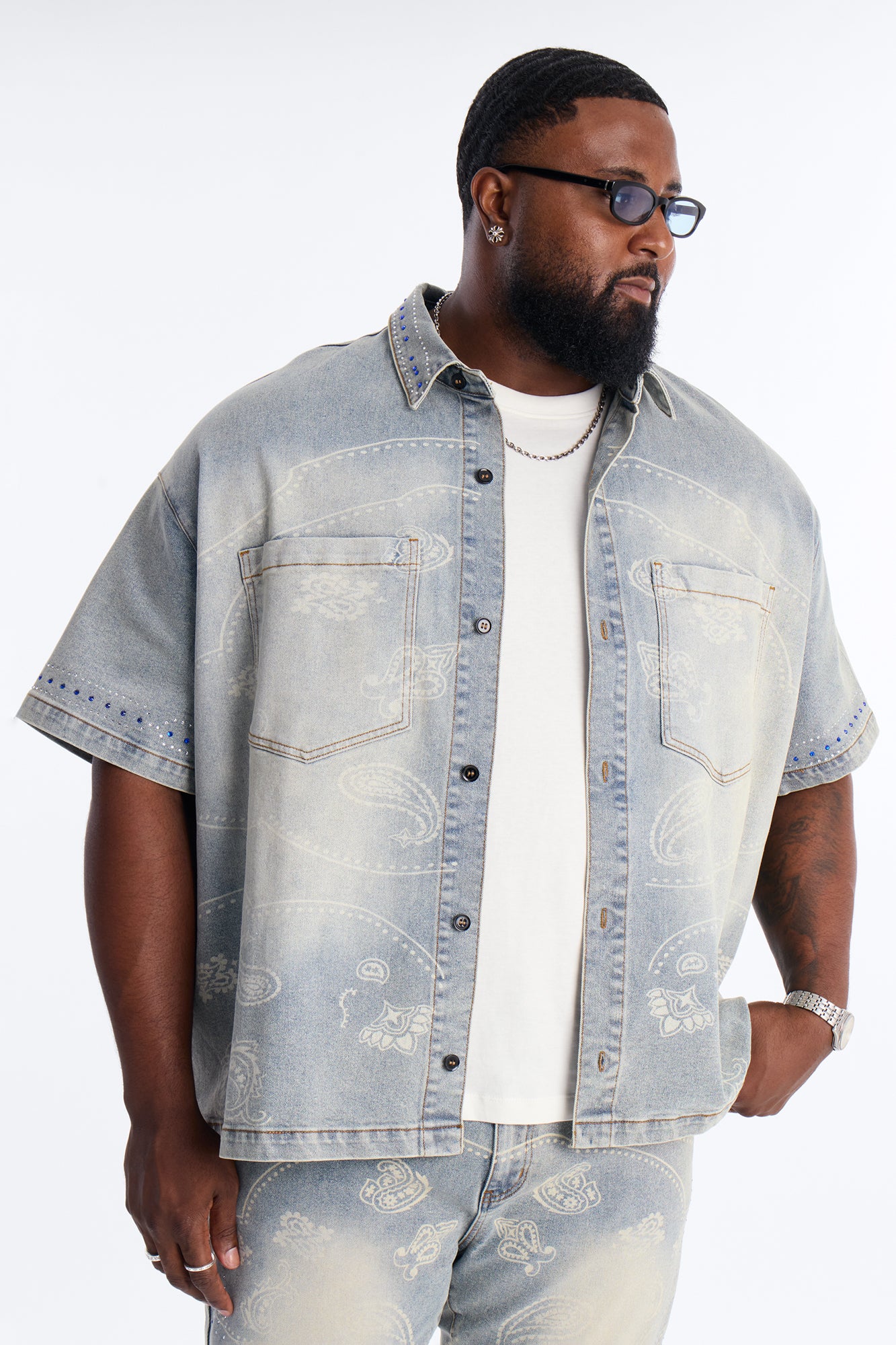 Rhinestone Bandana Boxy Denim Button Up Shirt - Light Blue Wash - Image 5