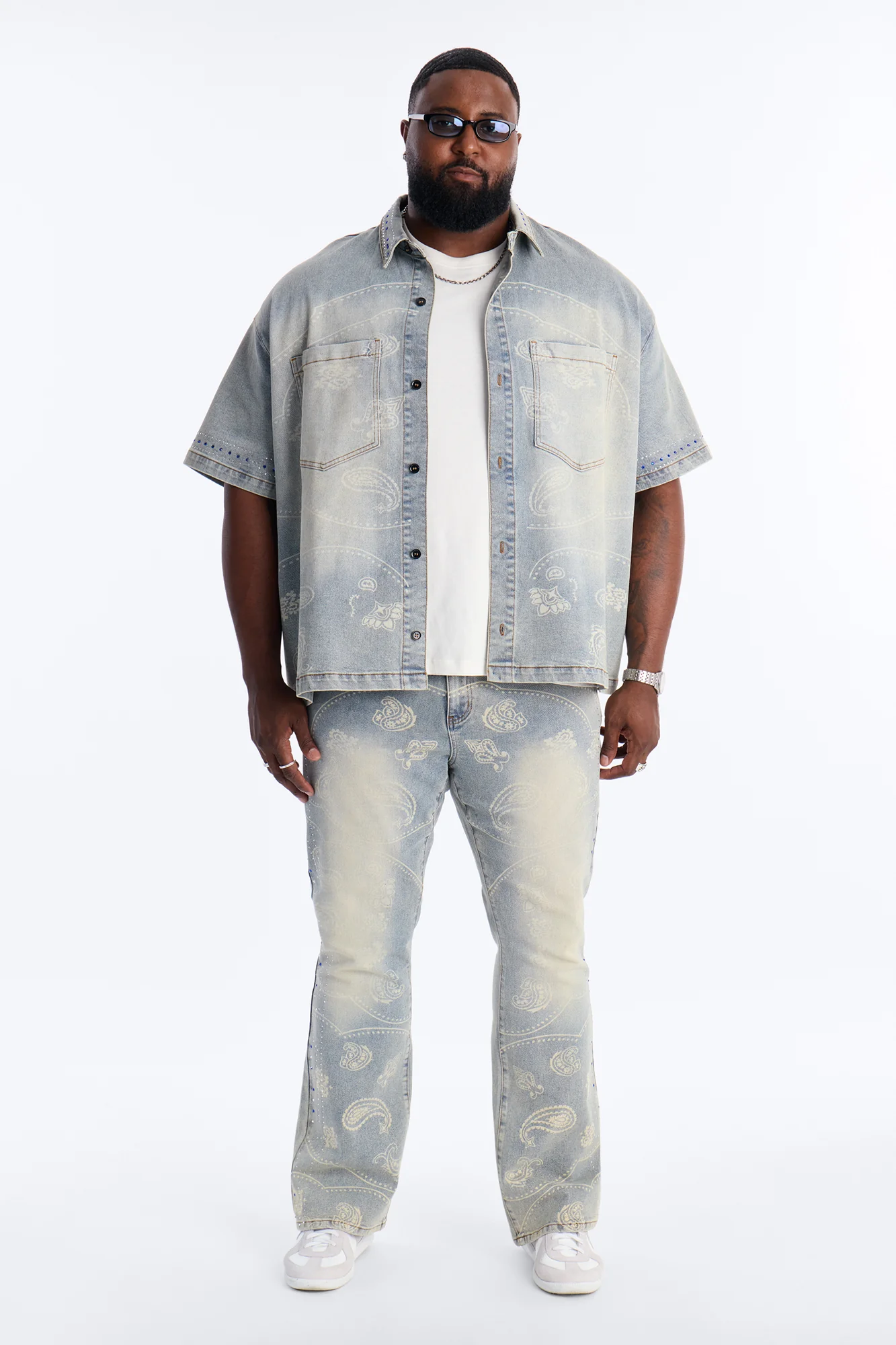 Rhinestone Bandana Boxy Denim Button Up Shirt - Light Blue Wash - Image 6