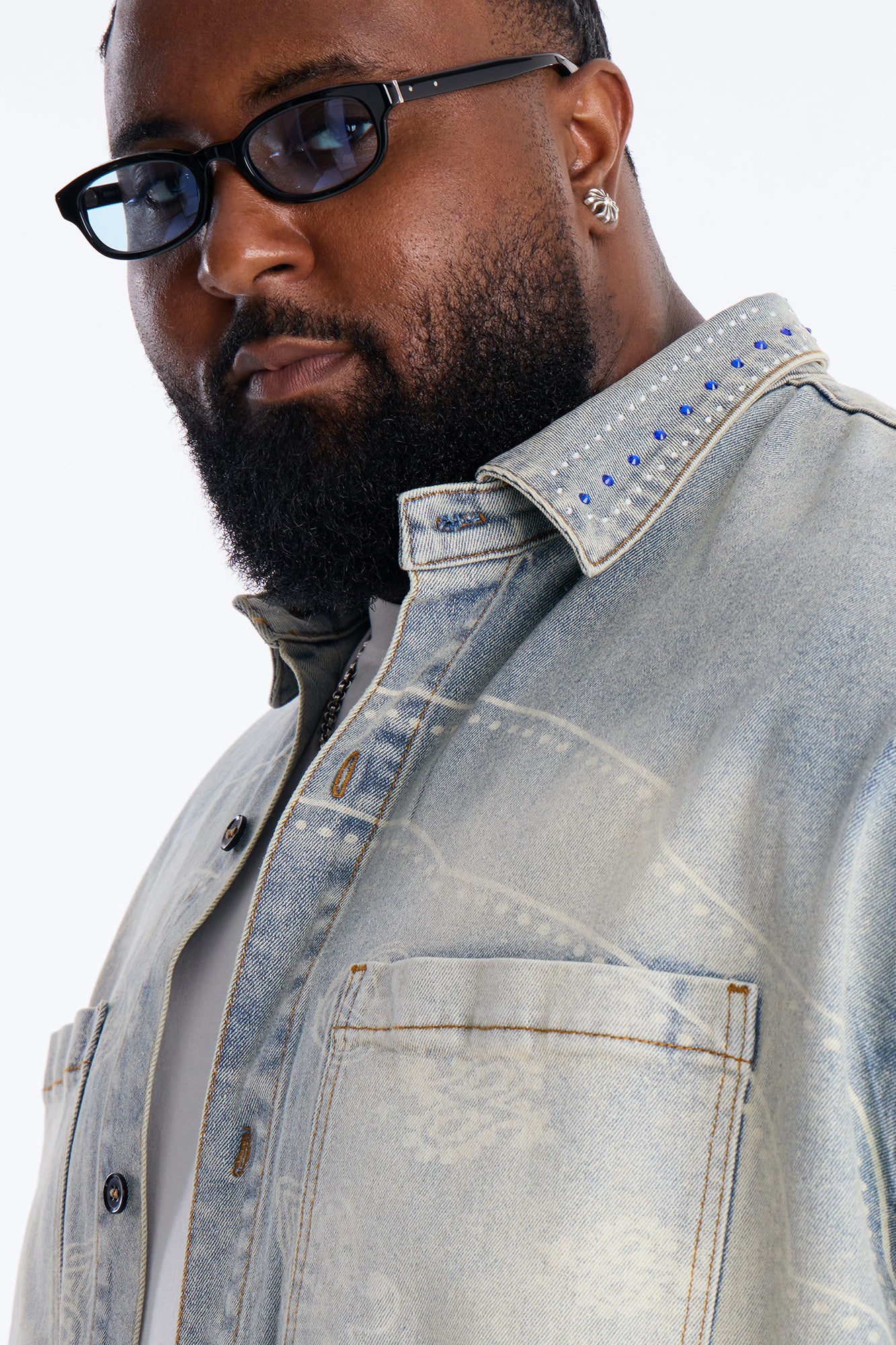 Rhinestone Bandana Boxy Denim Button Up Shirt - Light Blue Wash - Image 7