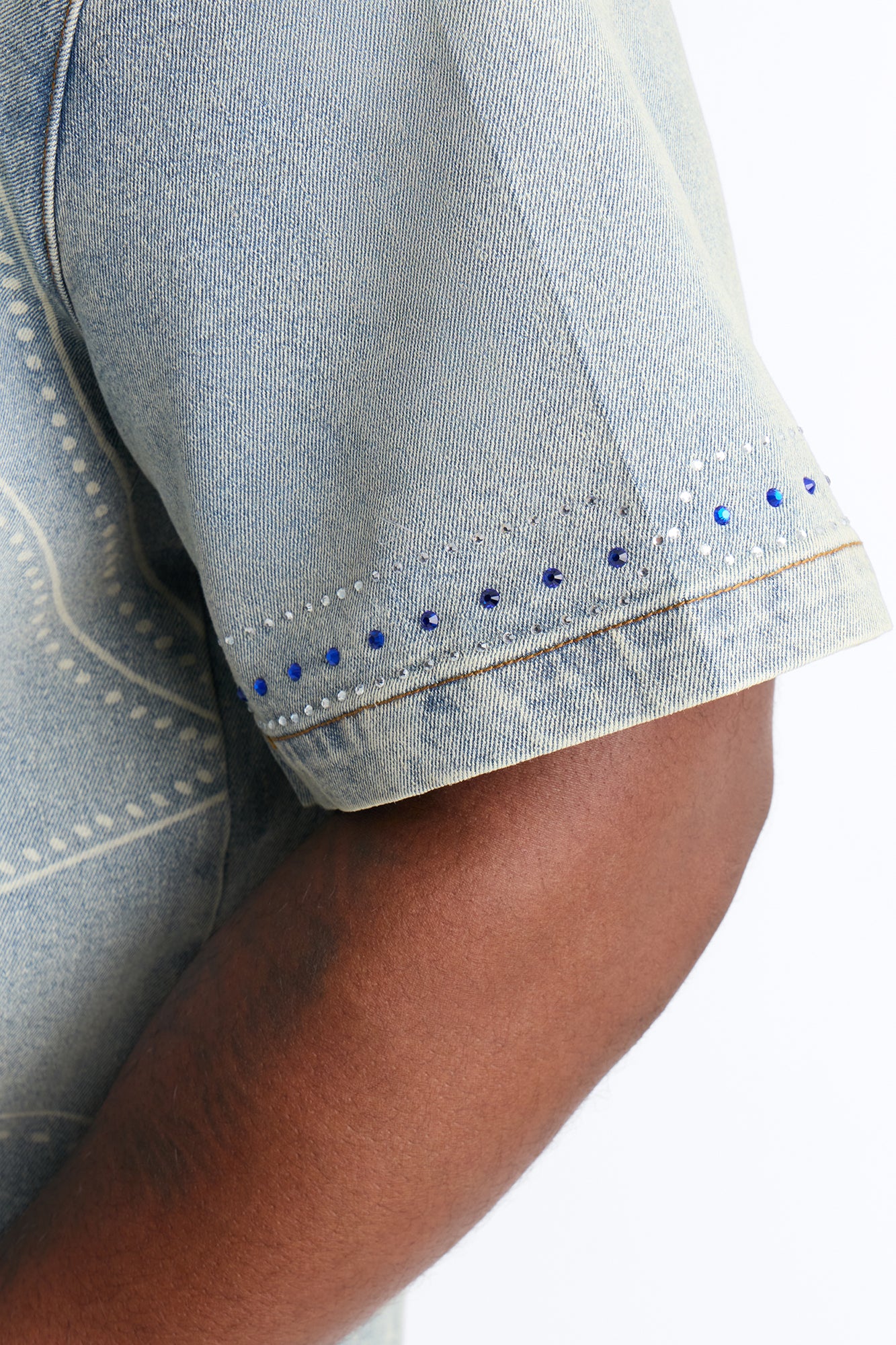 Rhinestone Bandana Boxy Denim Button Up Shirt - Light Blue Wash - Image 8