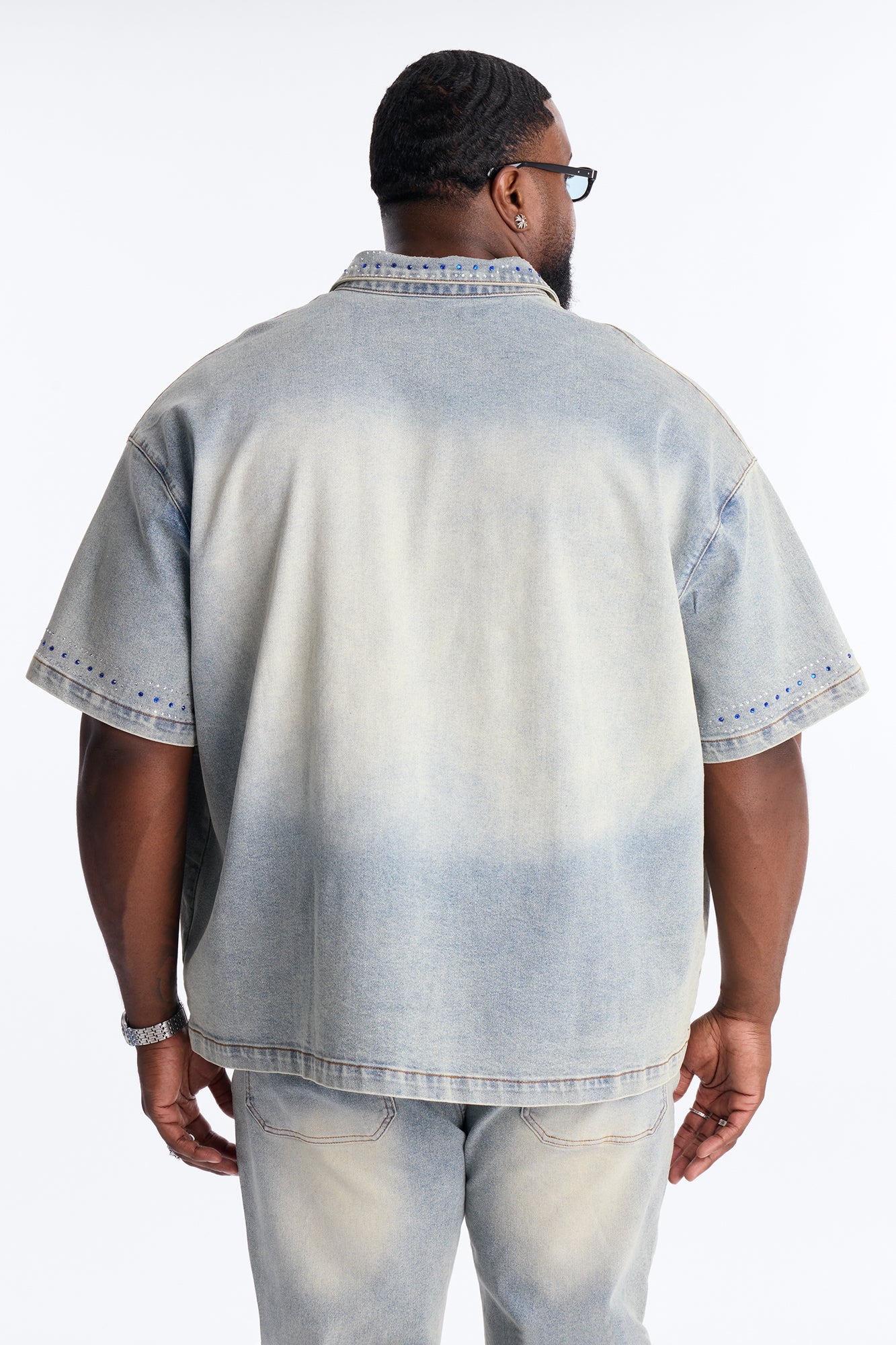 Rhinestone Bandana Boxy Denim Button Up Shirt - Light Blue Wash - Image 9