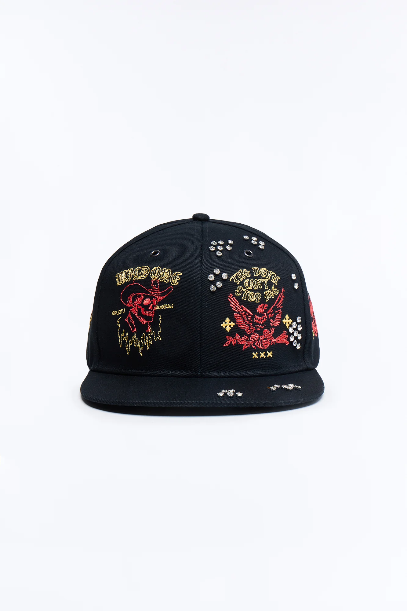 Rhinestone Graphic Embroidered Snapback Hat - Black - Image 4