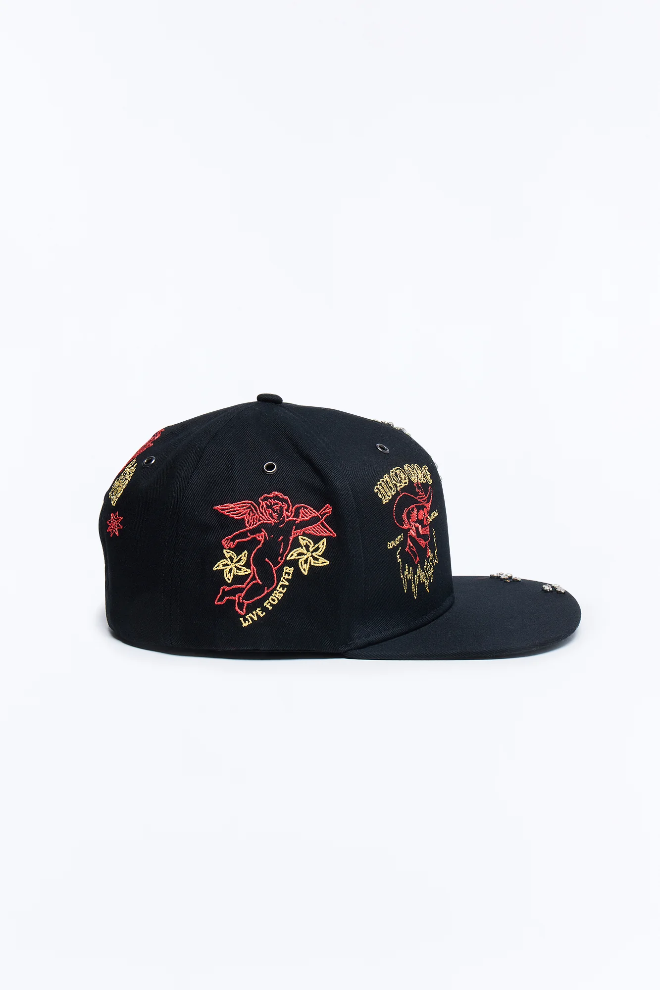 Rhinestone Graphic Embroidered Snapback Hat - Black - Image 7