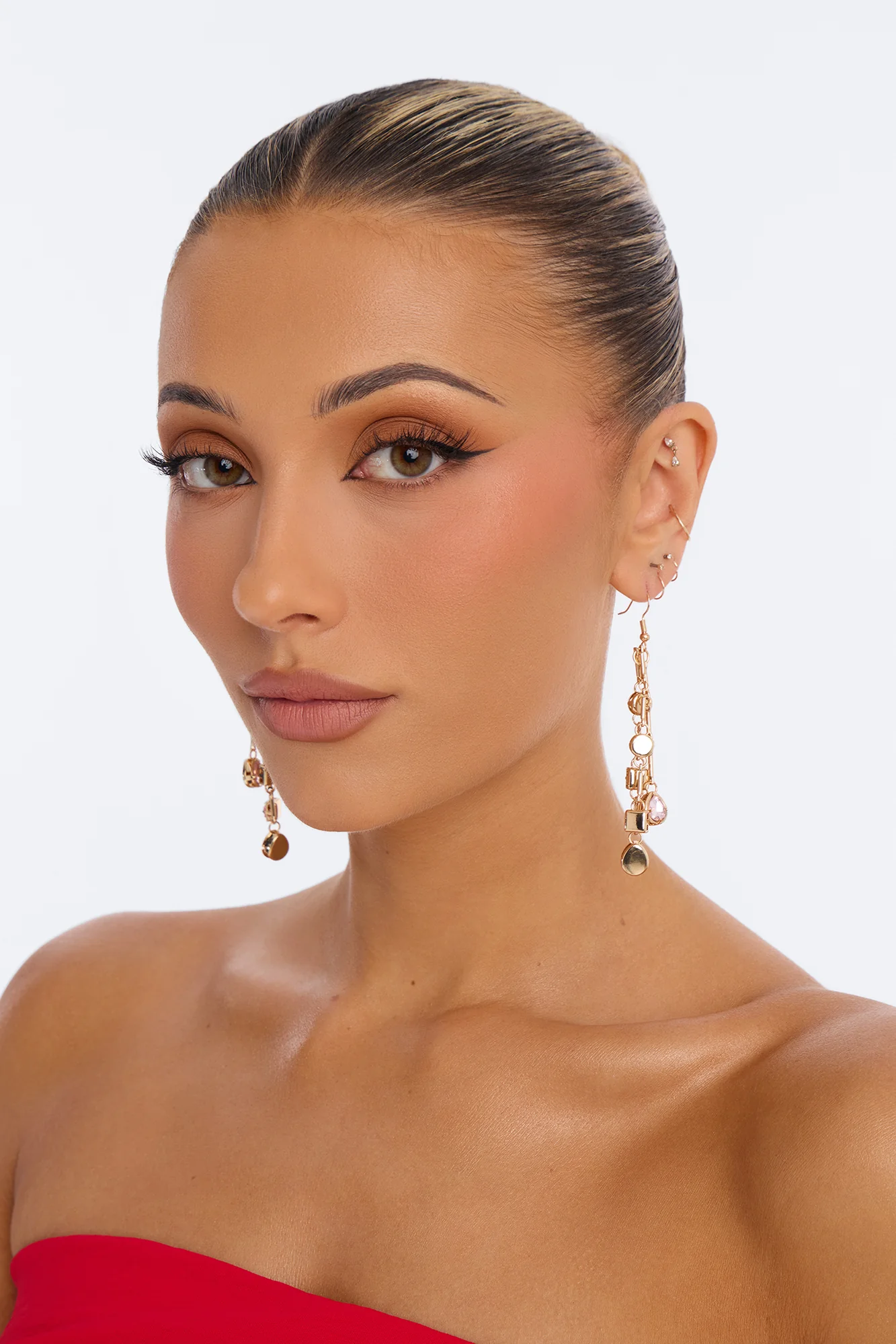 Rhinestone Twinkle Drop Earrings - Gold/Pink - Image 2
