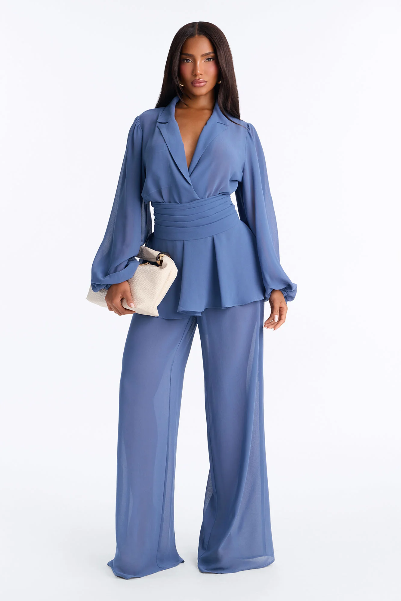 Ria Chiffon Draped Jumpsuit - Slate Blue