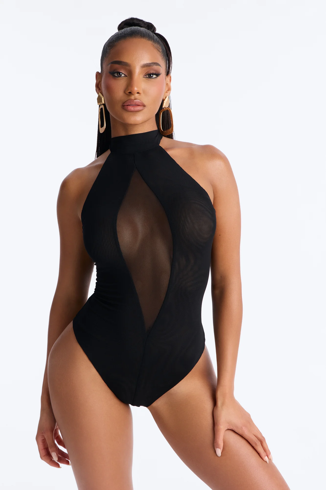 Rianna Mock Neck Sheer Mesh Bodysuit - Black