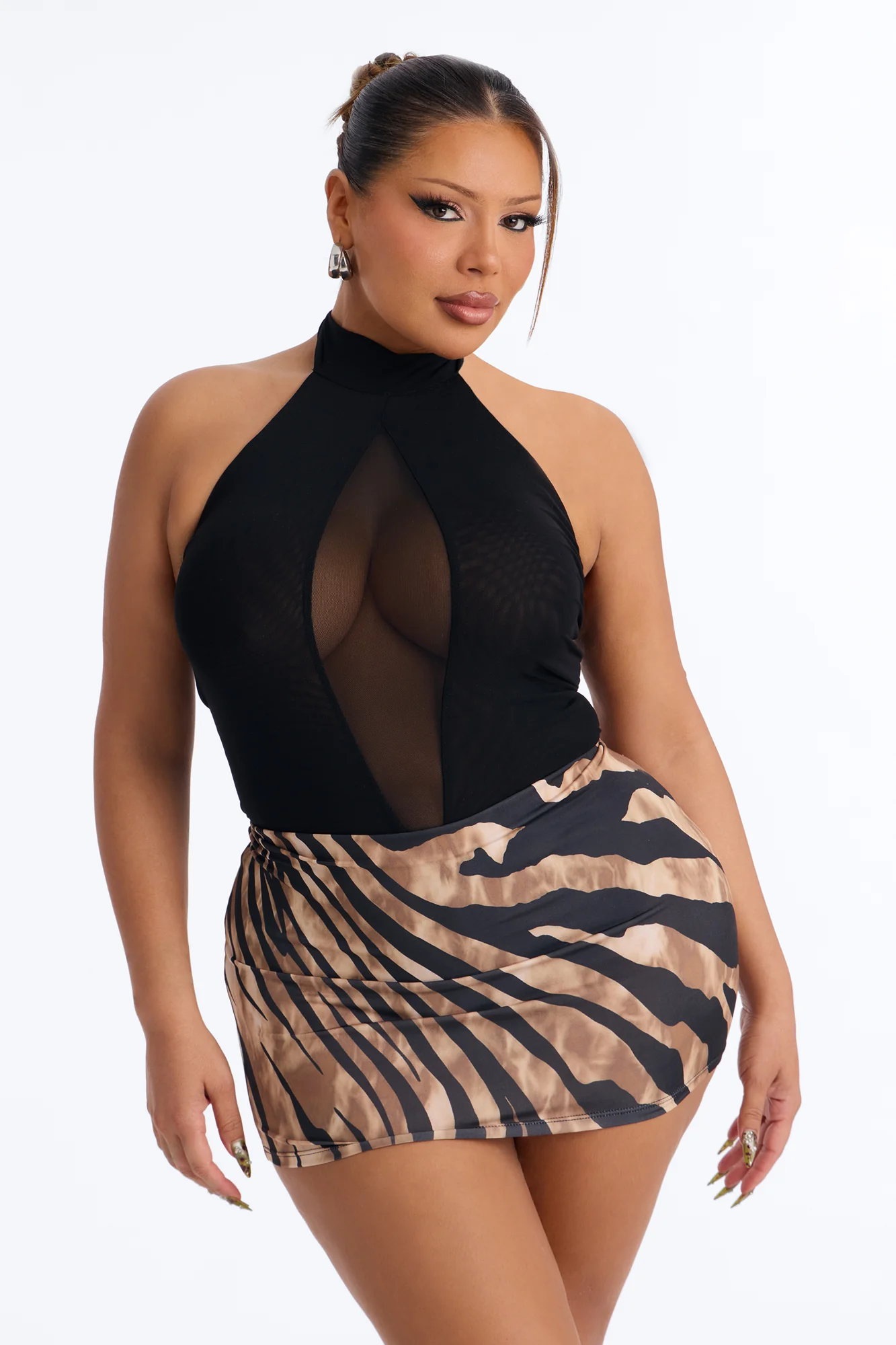 Rianna Mock Neck Sheer Mesh Bodysuit - Black - Image 7