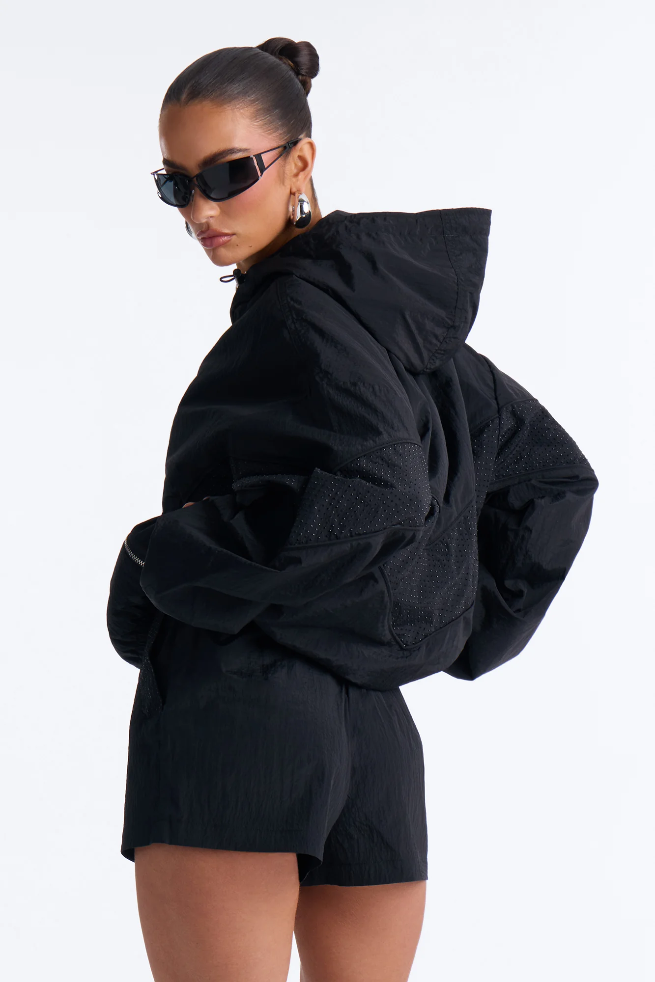 Riley Rhinestone Windbreaker Short Set - Black - Image 4