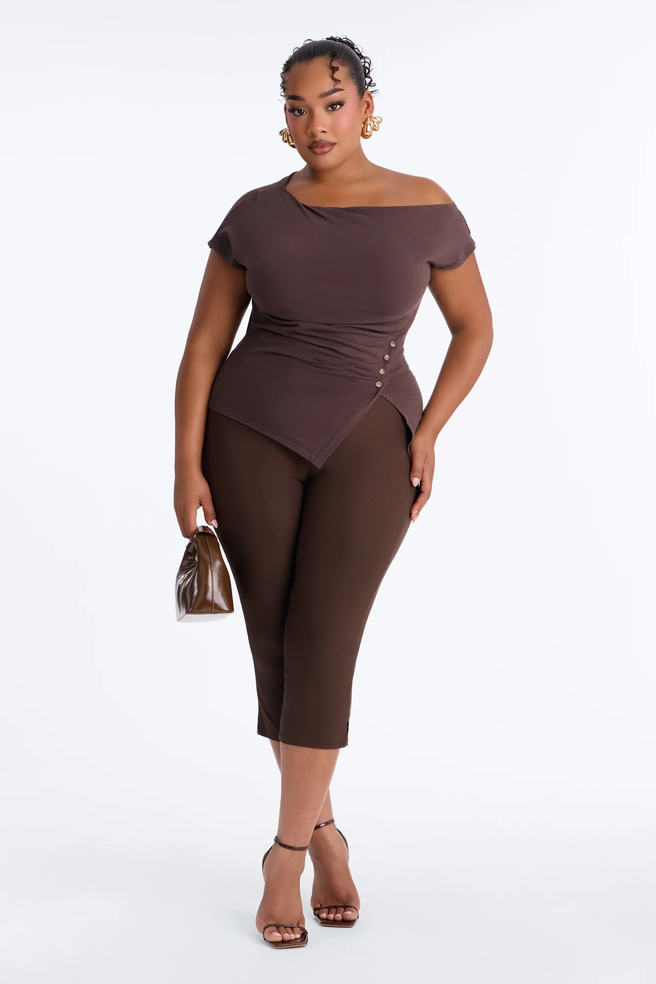 Riley Ruched Off Shoulder Asymmetrical Top - Chocolate - Image 6
