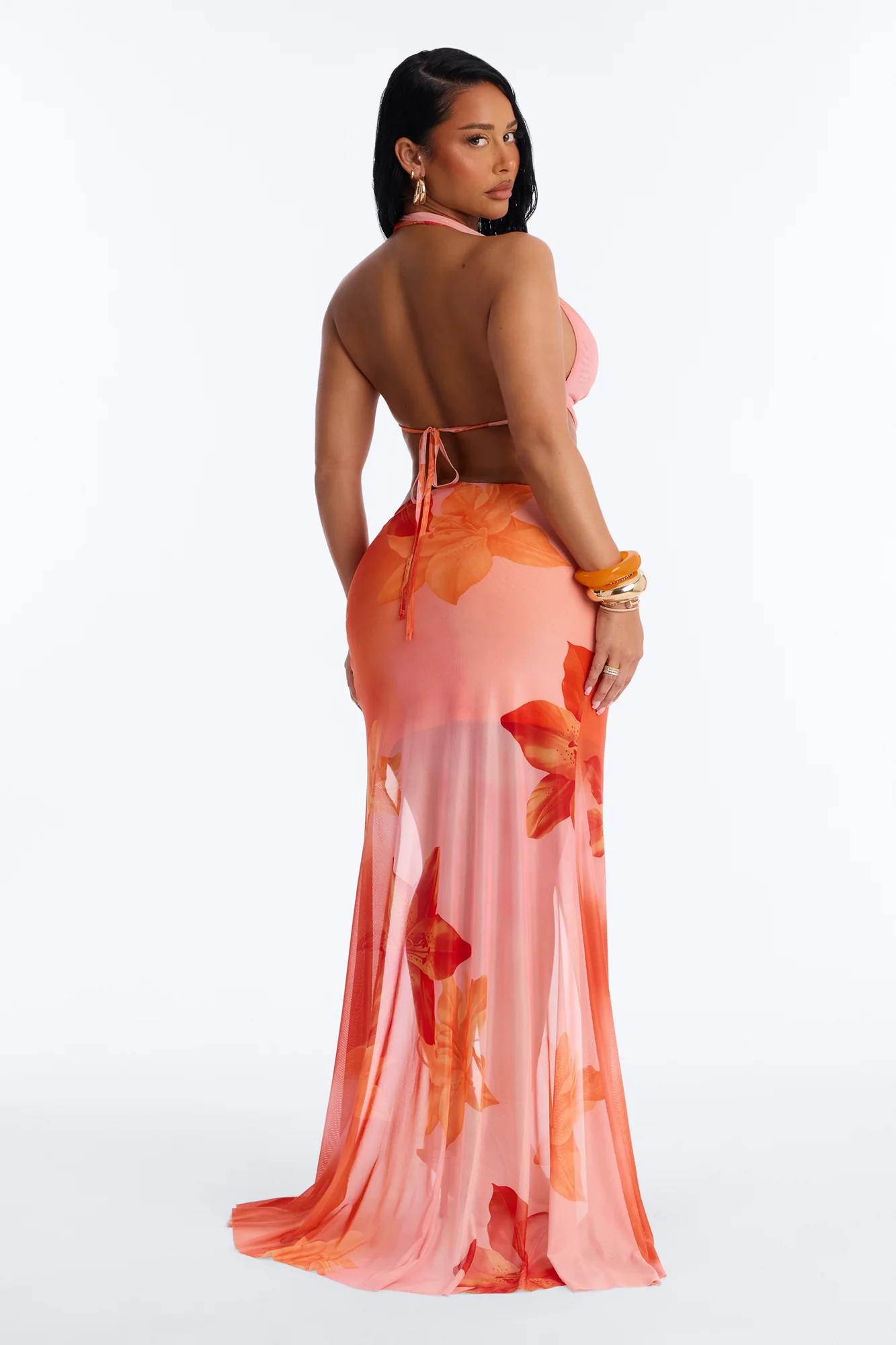 Rochelle Mesh Hardware Halter Maxi Skirt Set - Orange - Image 4