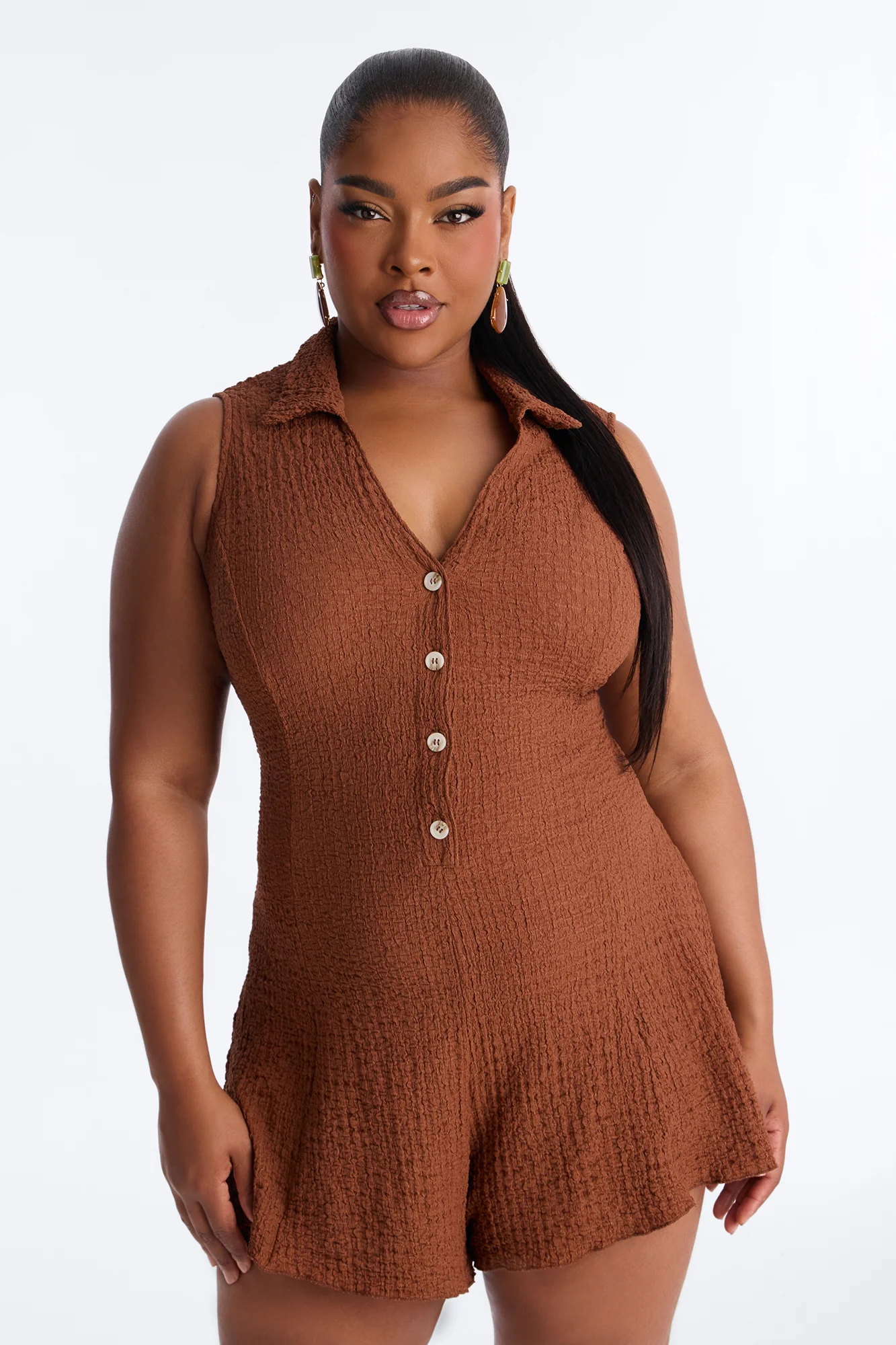 Rosa Textured Sleeveless Romper - Chocolate - Image 6