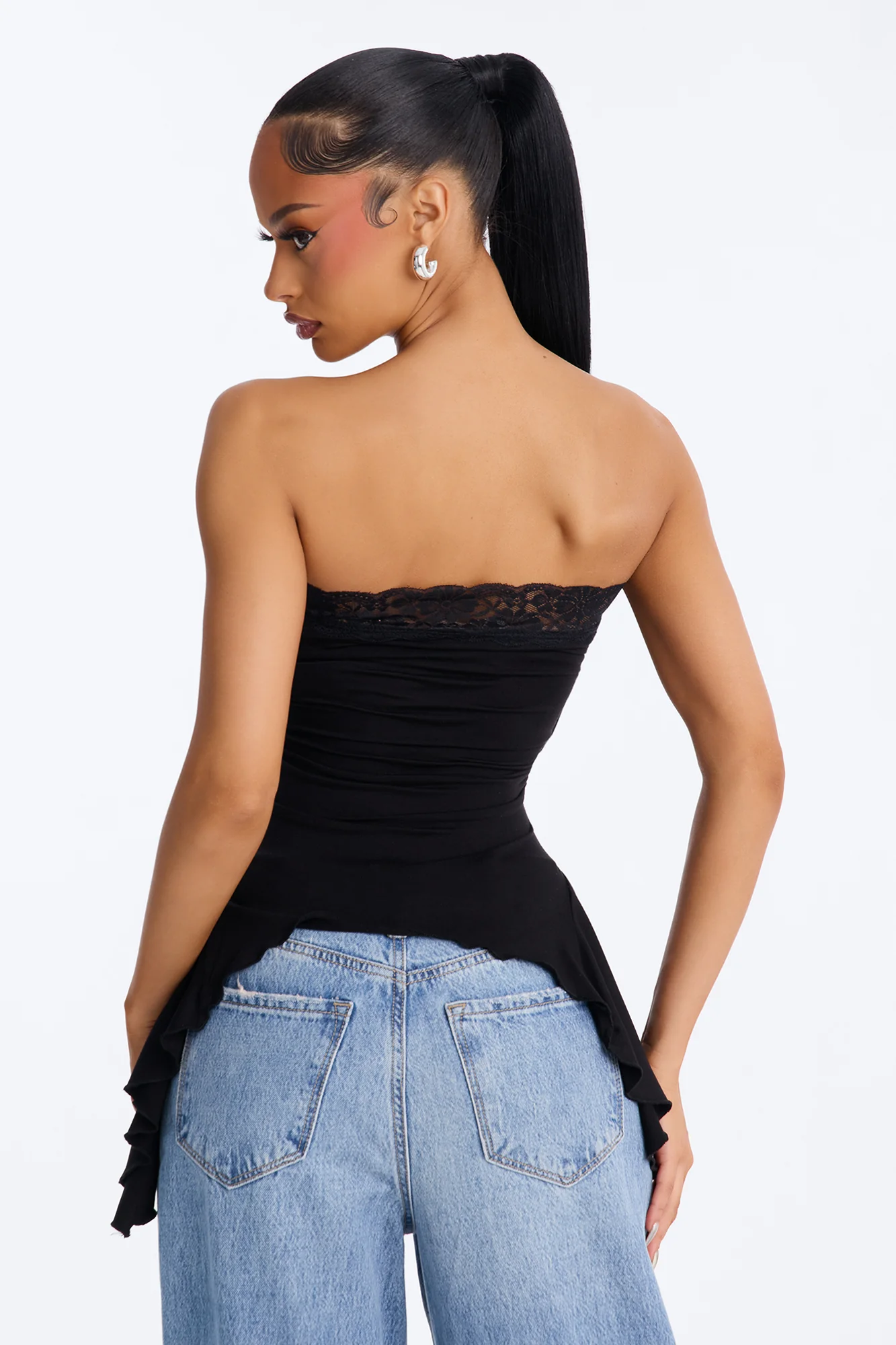 Rosalie Lace Trim Asymmetrical Tube Top - Black - Image 4