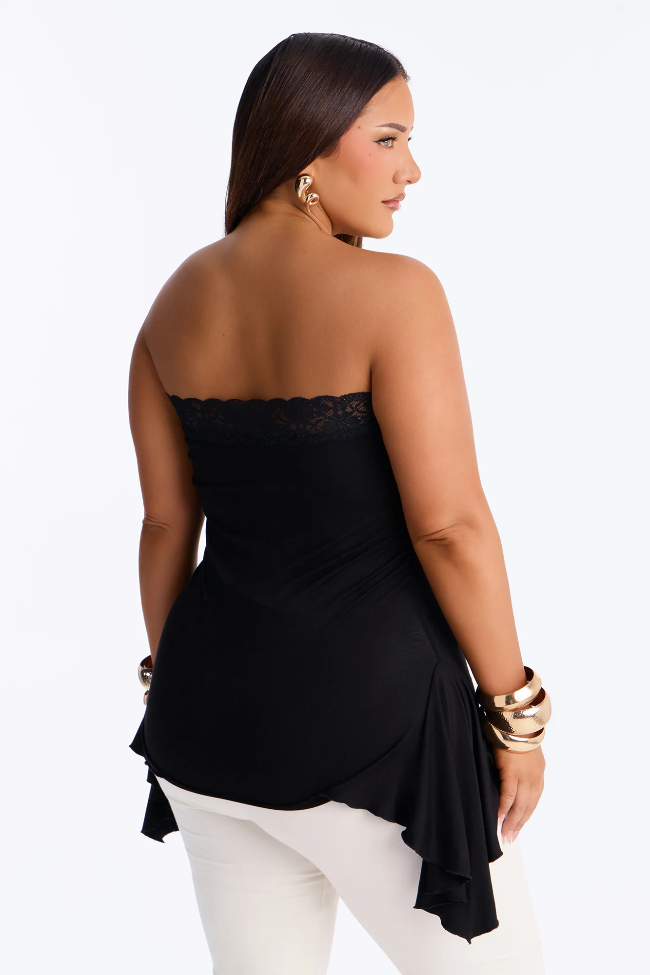 Rosalie Lace Trim Asymmetrical Tube Top - Black - Image 8