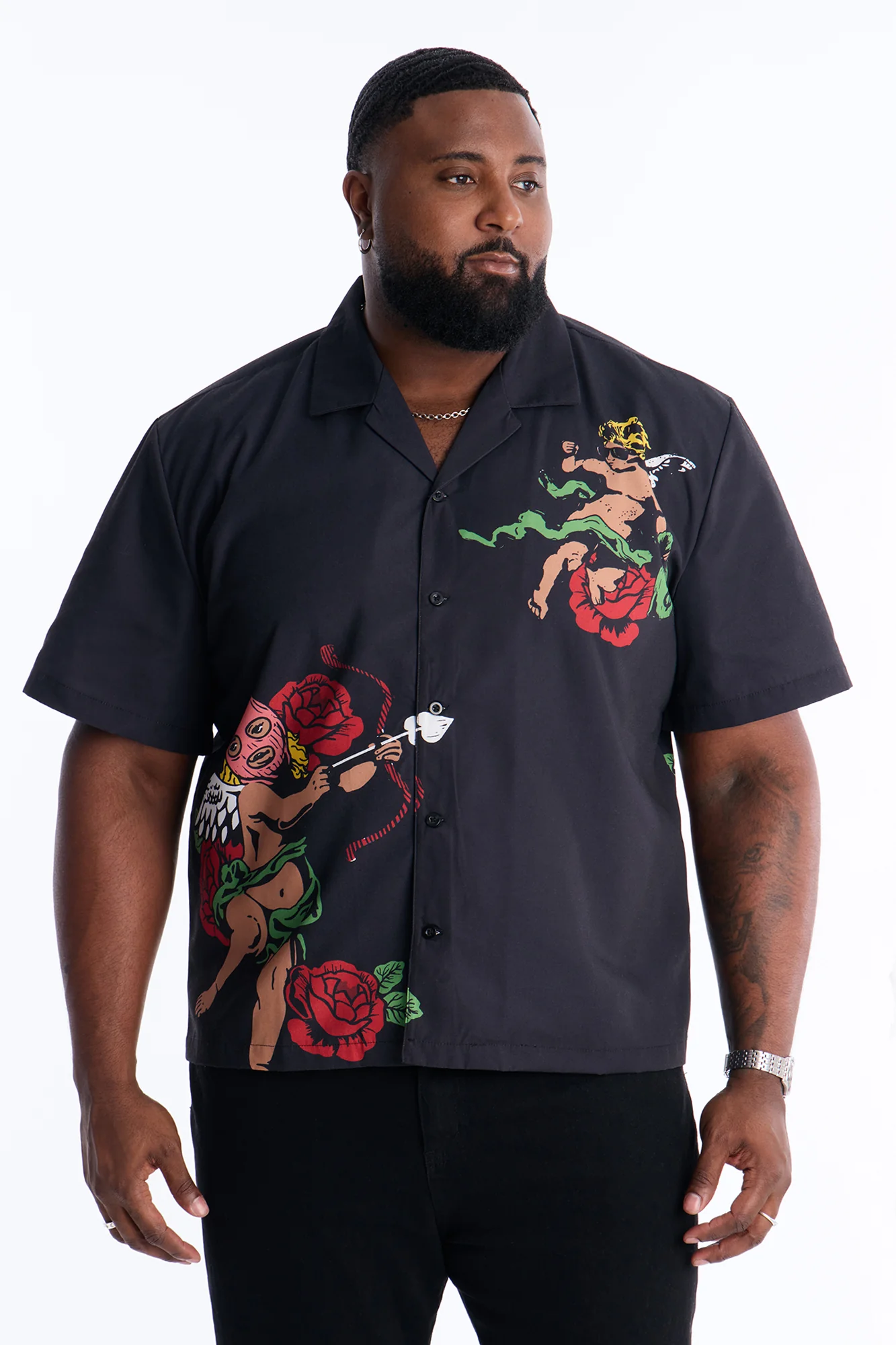 Rose Angel Street Cuban Collar Shirt - Black - Image 9