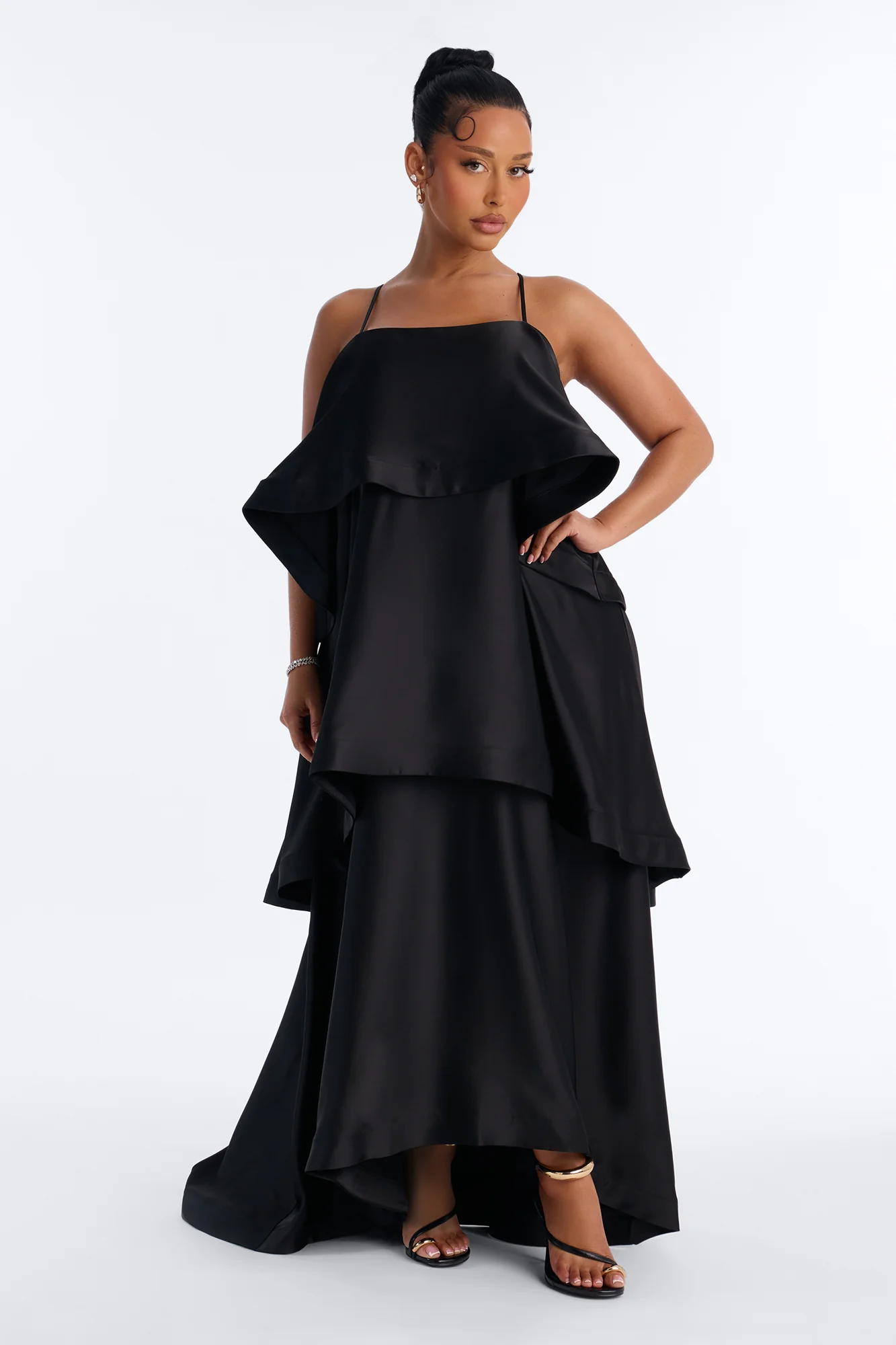 Rowen Tiered Satin Gown - Black